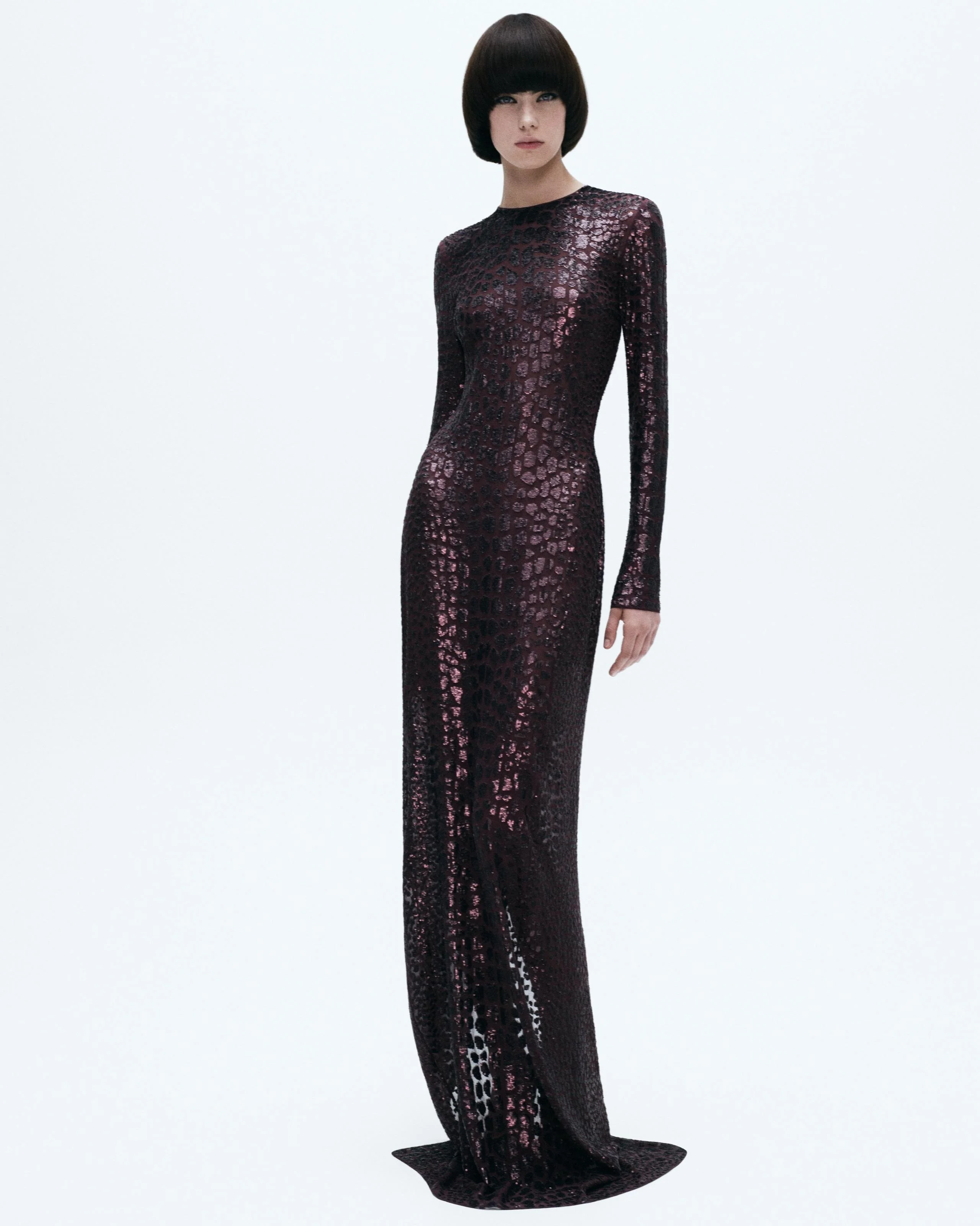 EMBROIDERED CROC EFFECT LONG SLEEVE EVENING DRESS - 1