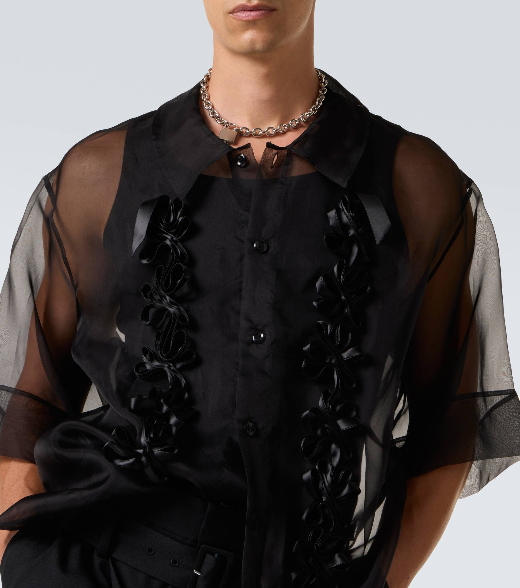 Floral-appliqué sheer silk shirt - 6
