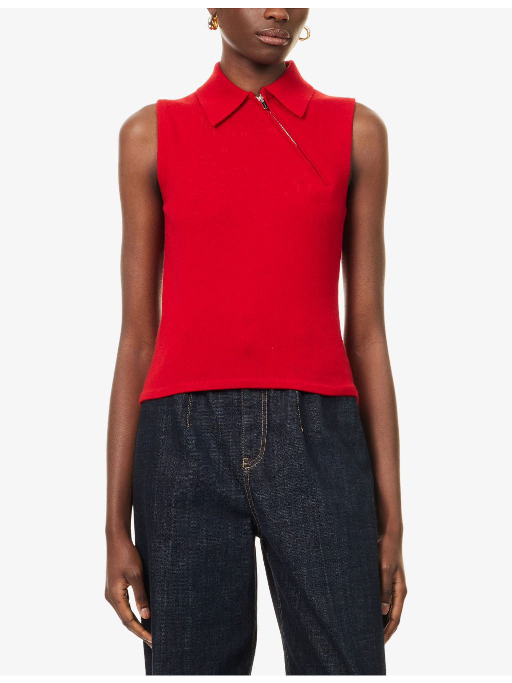 Sleeveless Polo-Collar Cashmere Top - 3