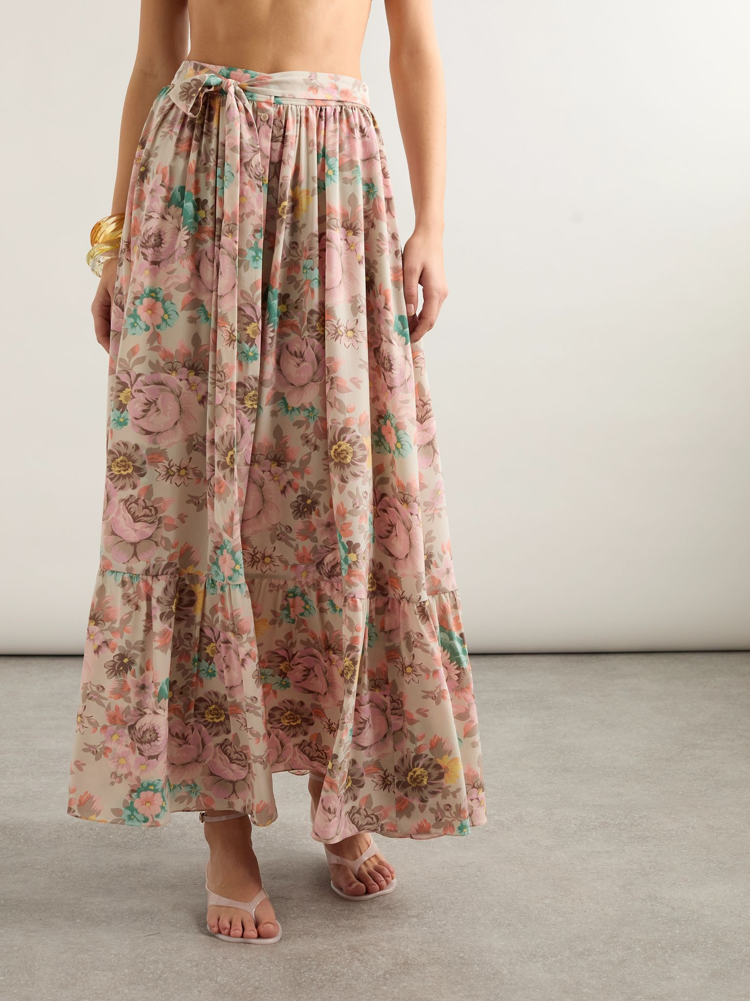 Belted floral-print silk crepe de chine maxi skirt Pink - 3