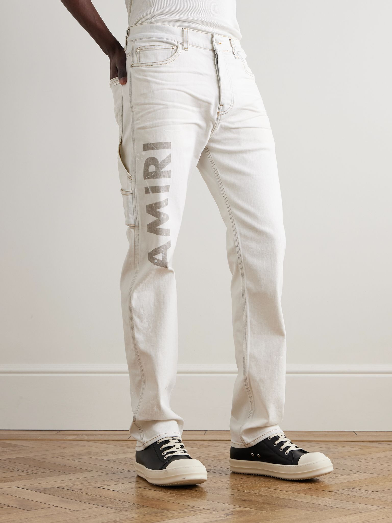 Slim-Fit Straight-Leg Logo-Print Paint-Splattered Jeans Blue - 3
