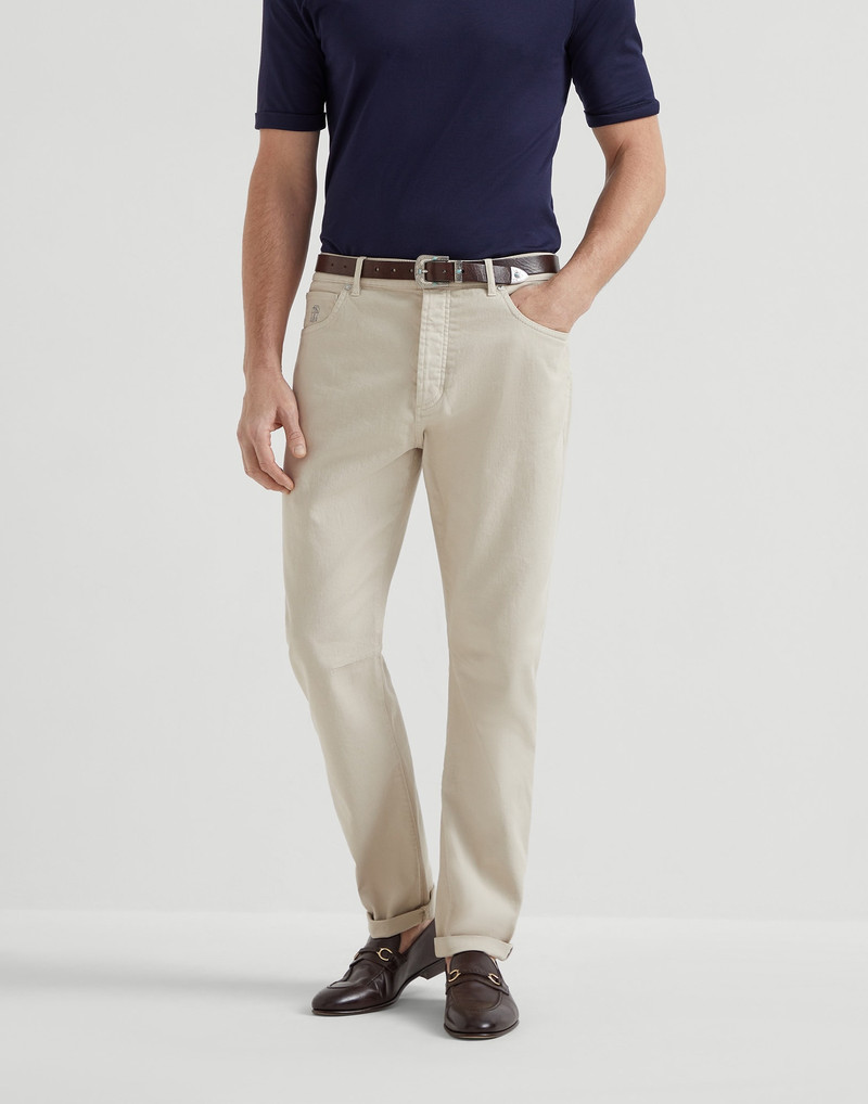 Garment-dyed comfort denim leisure fit five-pocket trousers 1