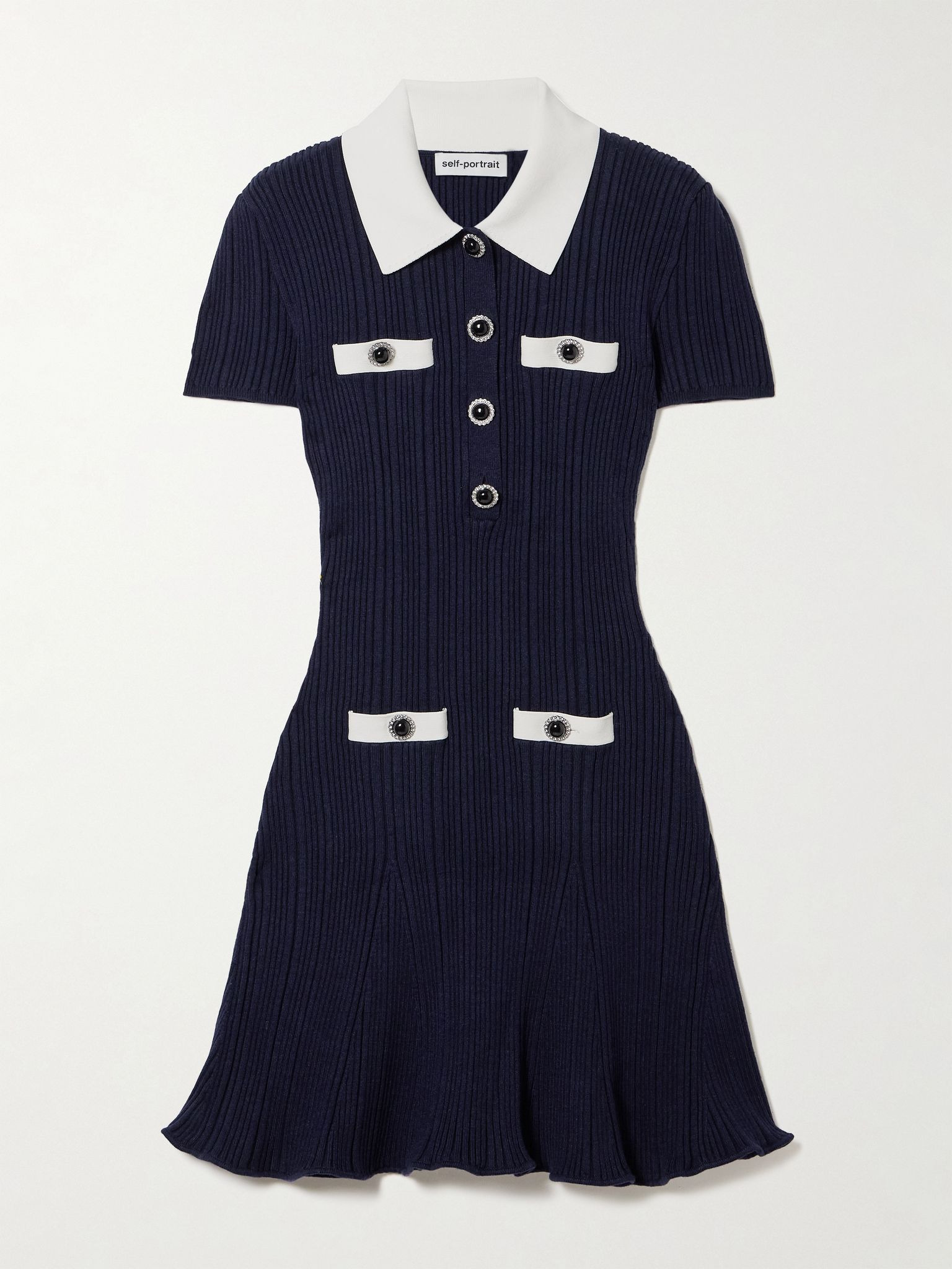 Button-embellished ribbed-knit mini dress Navy - 1