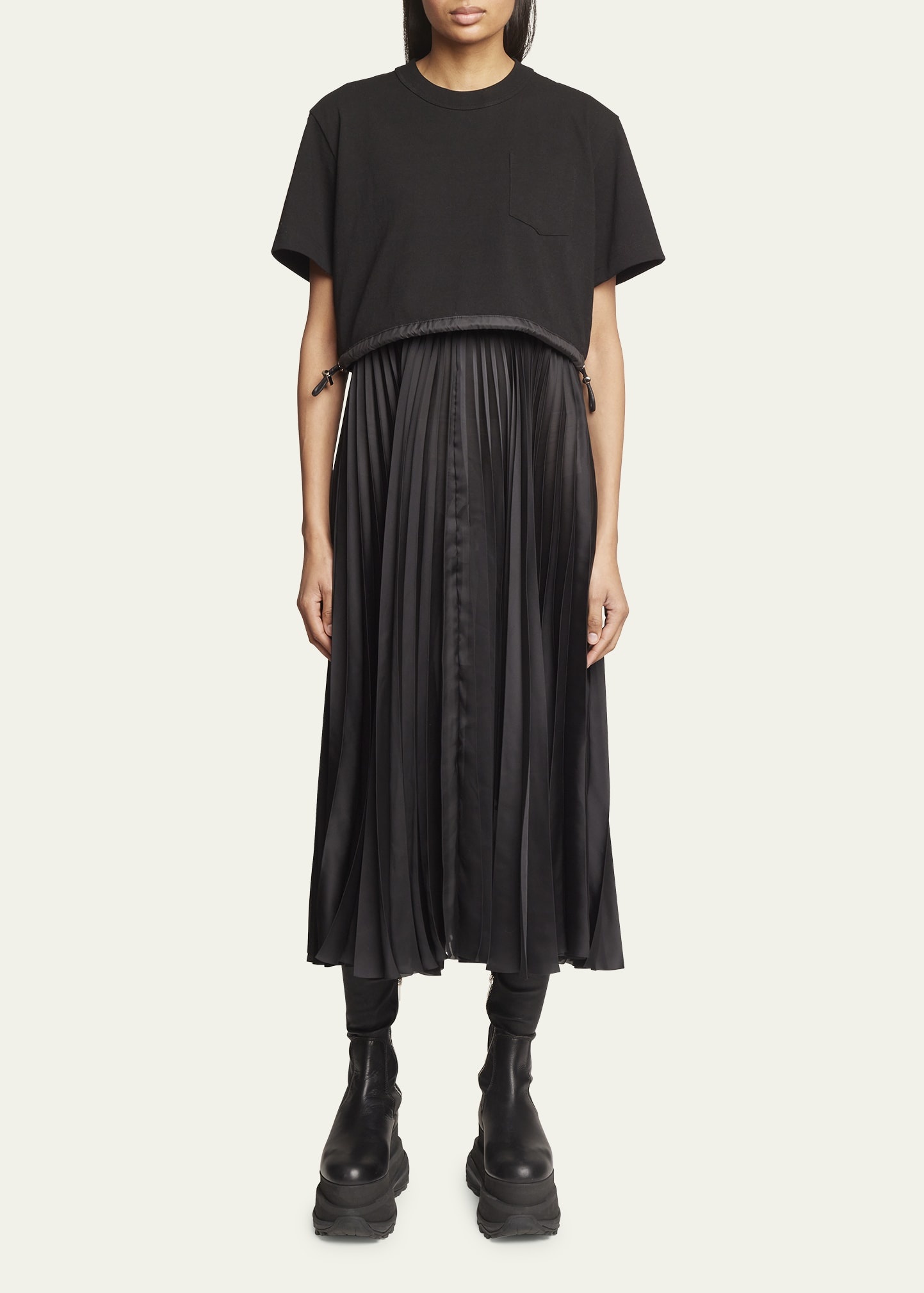 sacai T-Shirt Top Pleated Short-Sleeve Midi Dress