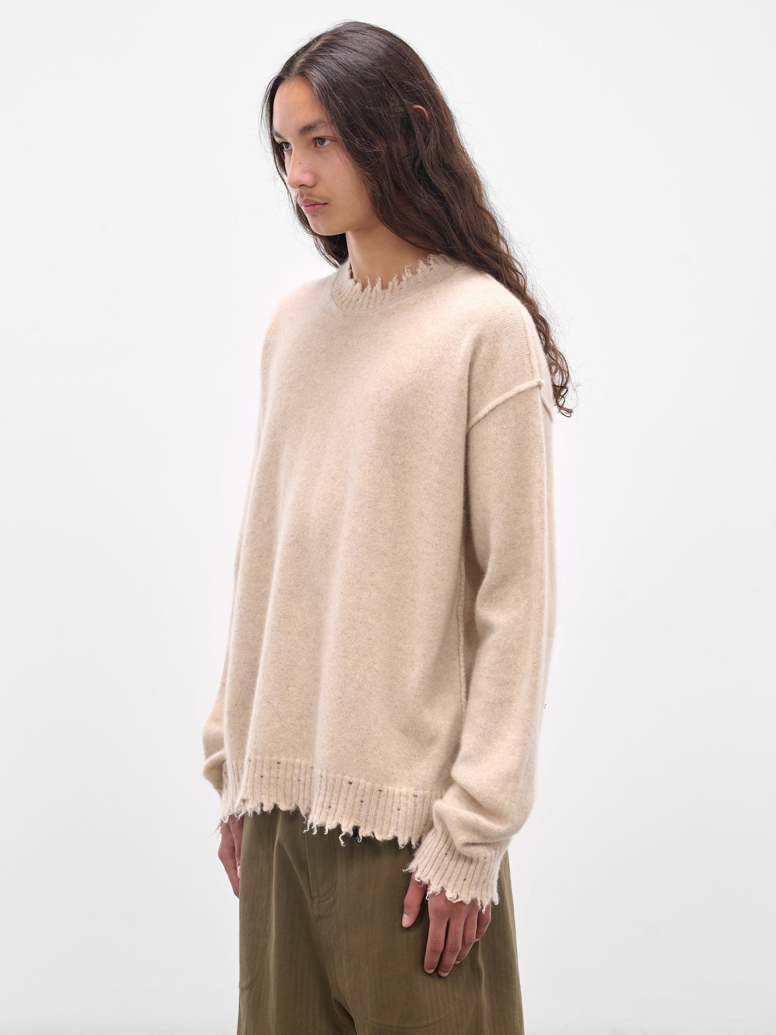 Beige Cashmere Distressed Crewneck Sweater - 2