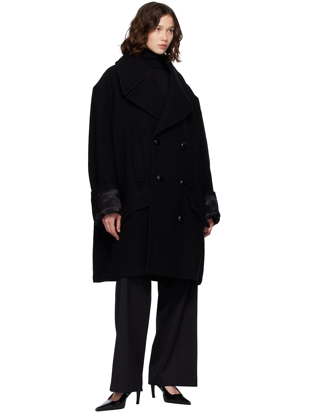 Black Wool Felt Double-Breasted Coat - 4