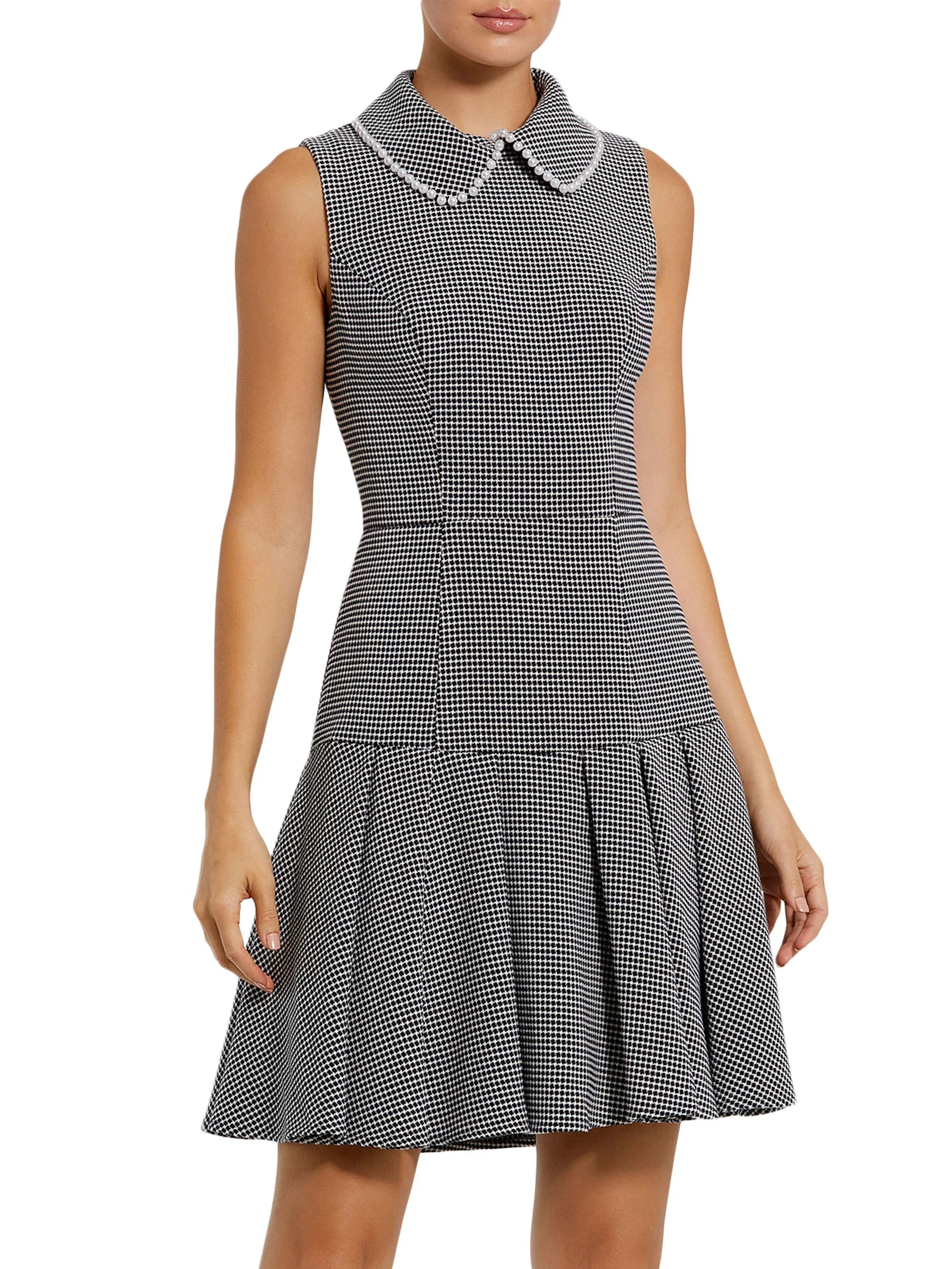 Women's Sleeveless Collared Bouclé Minidress With Pleats - Black White - 1