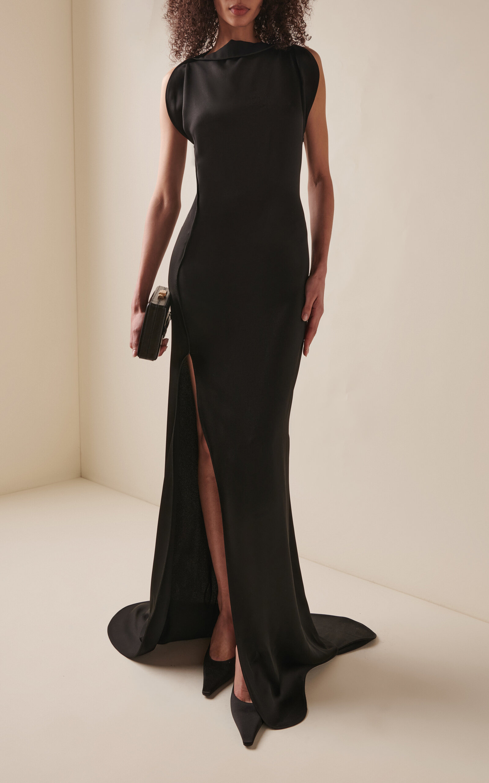 Draped Neck Slit Dress black - 3