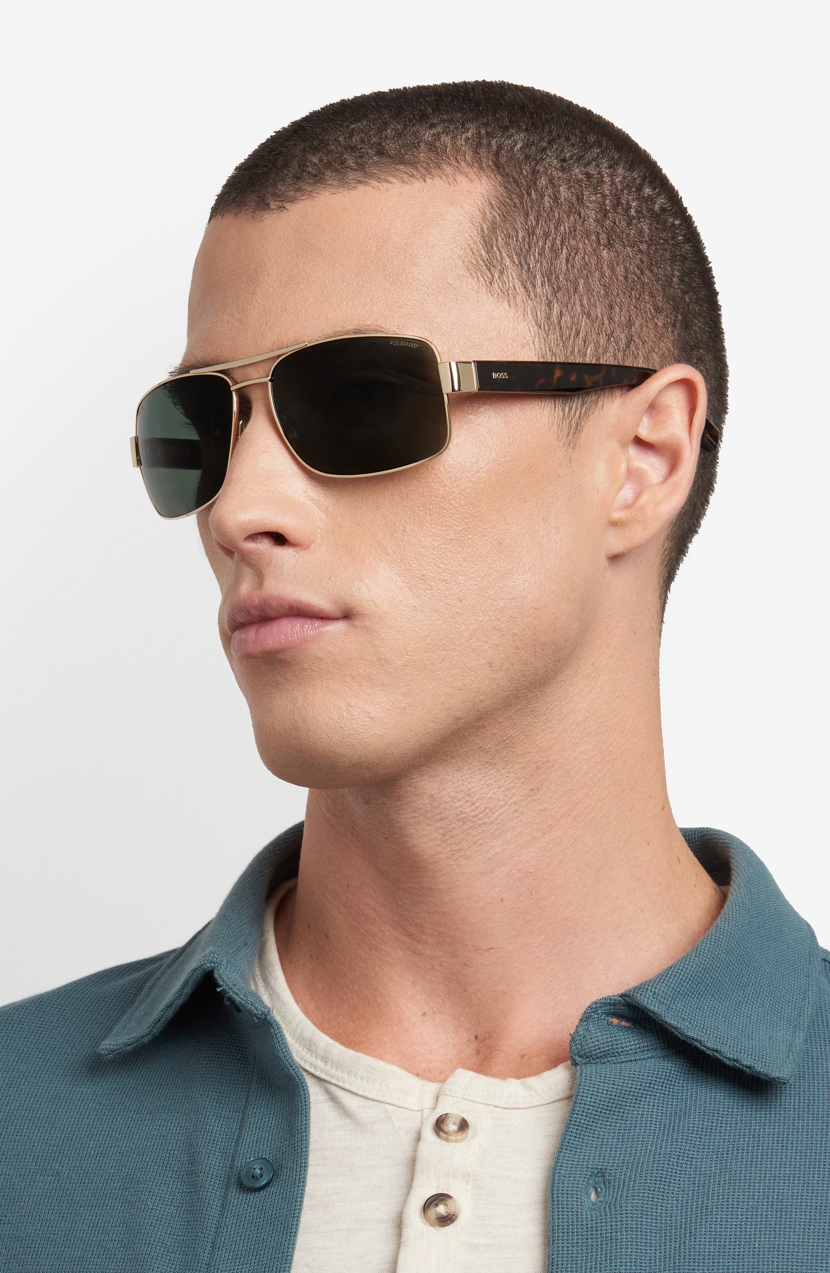 BOSS 62mm Oversize Polarized Navigator Sunglasses in Gold/Green Polar at Nordstrom - 5