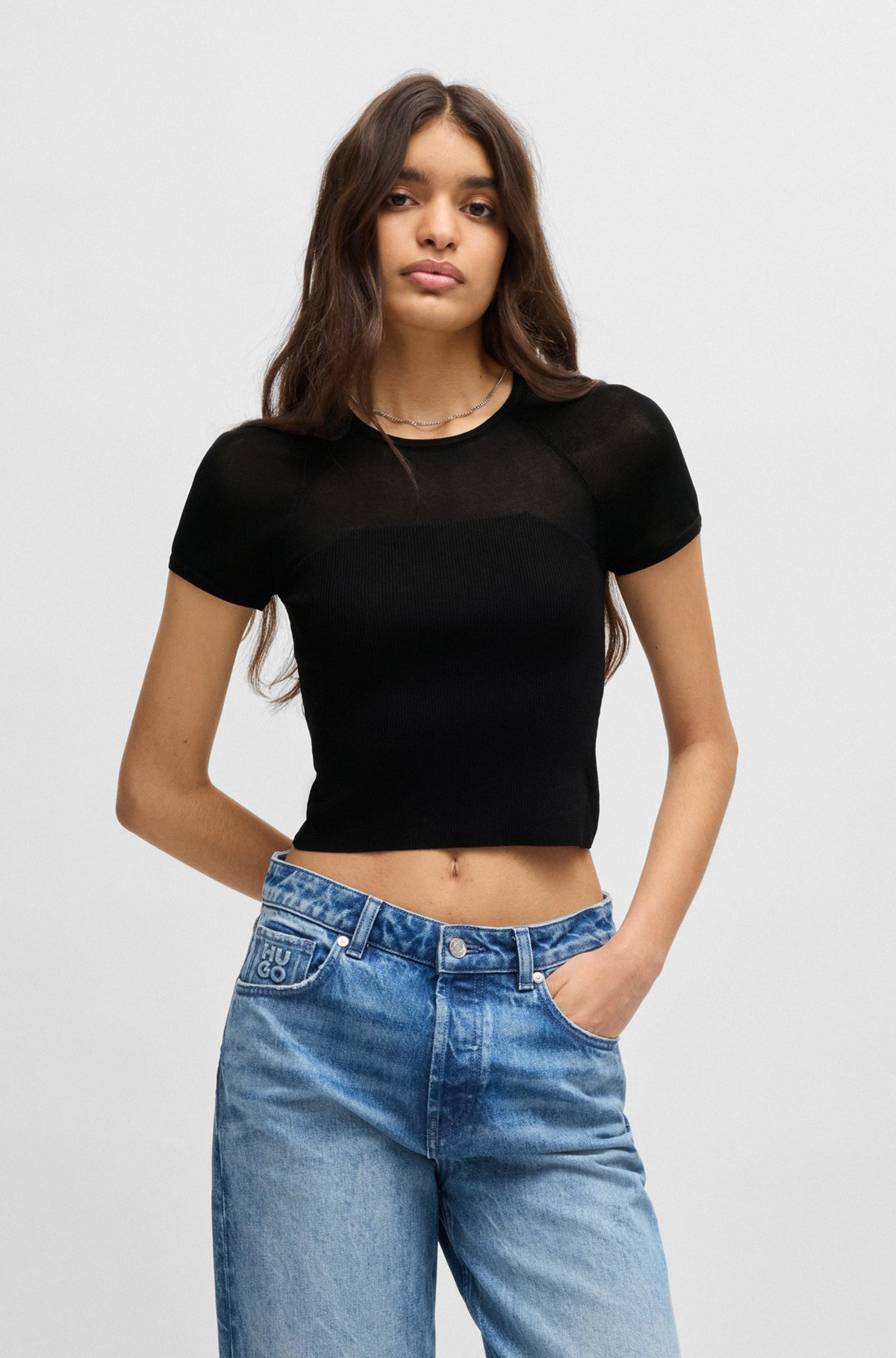 RIB-KNIT TOP WITH SHEER PANELS AND LOGO CHAIN - 2