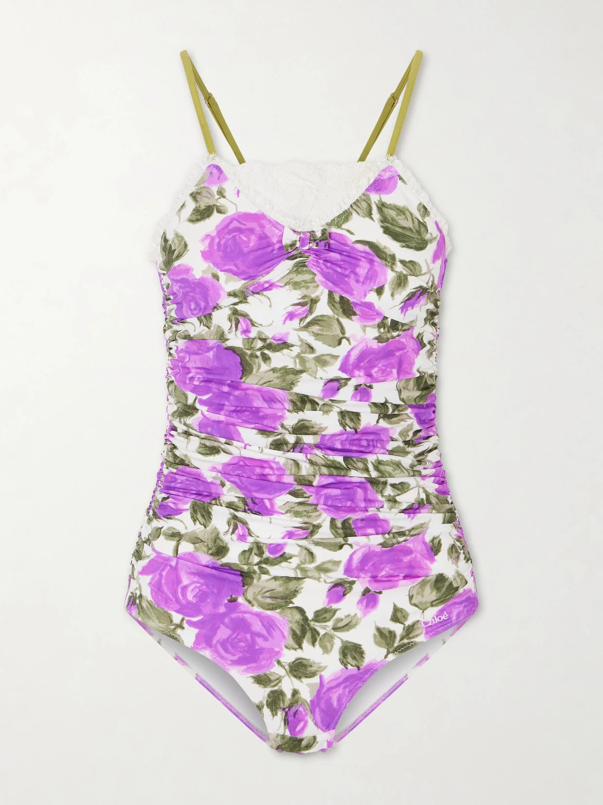 Bow-detailed Ruched Lace-trimmed Floral-print Swimsuit - 1