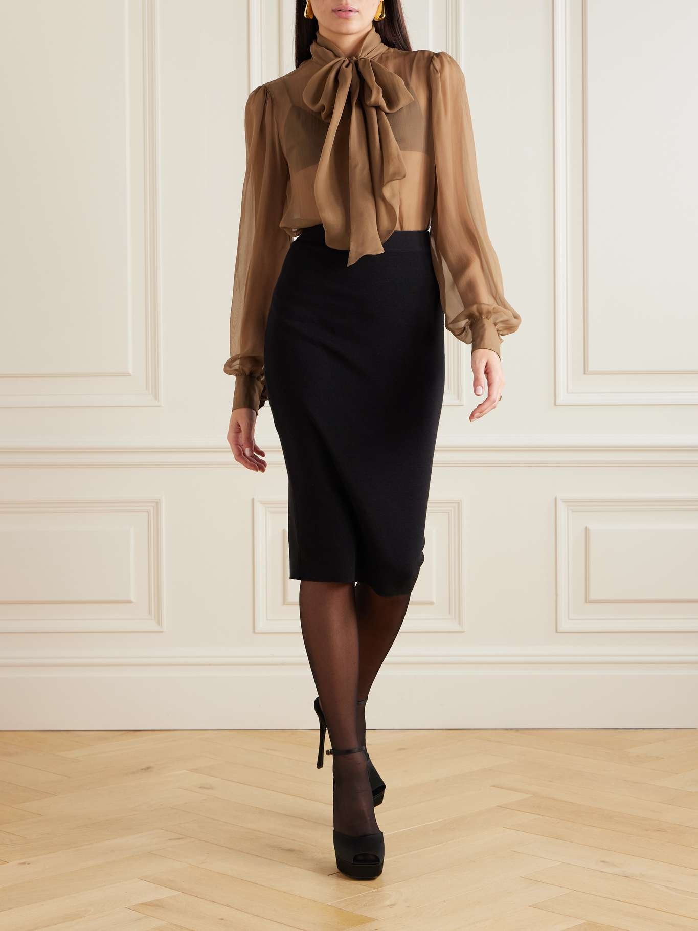 Pussy-bow silk-chiffon blouse Camel - 2