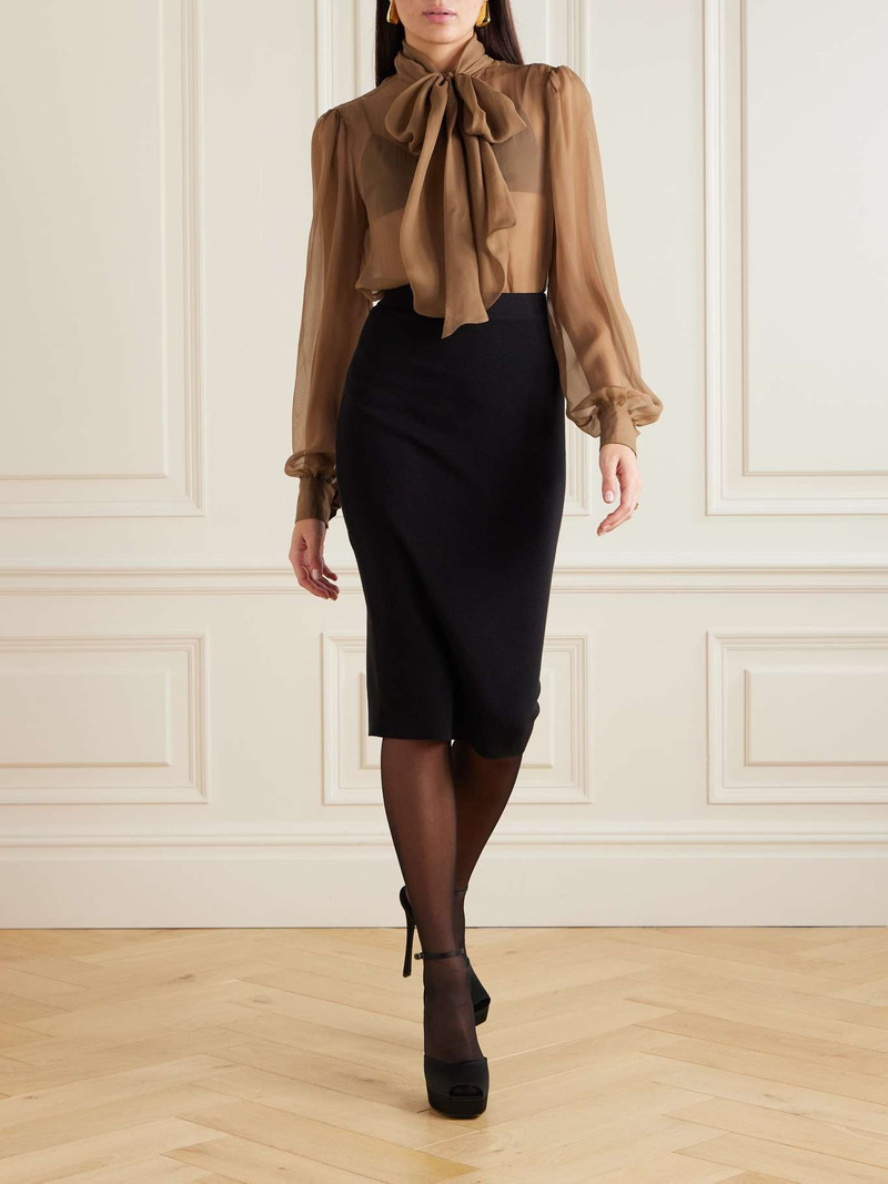 SAINT LAURENT Pussy-bow silk-chiffon blouse Camel outlook