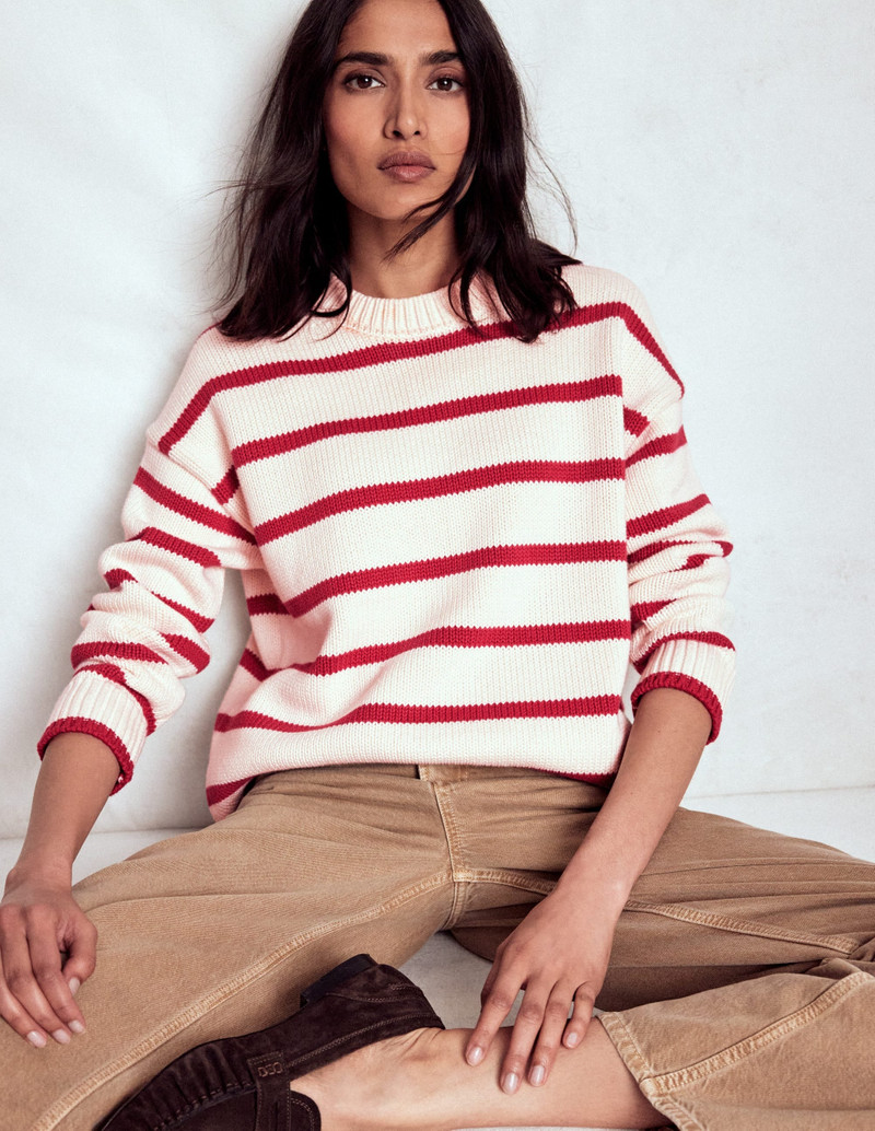 Lucy Oversized Cotton Jumper-Ivory, Red Stripe 1