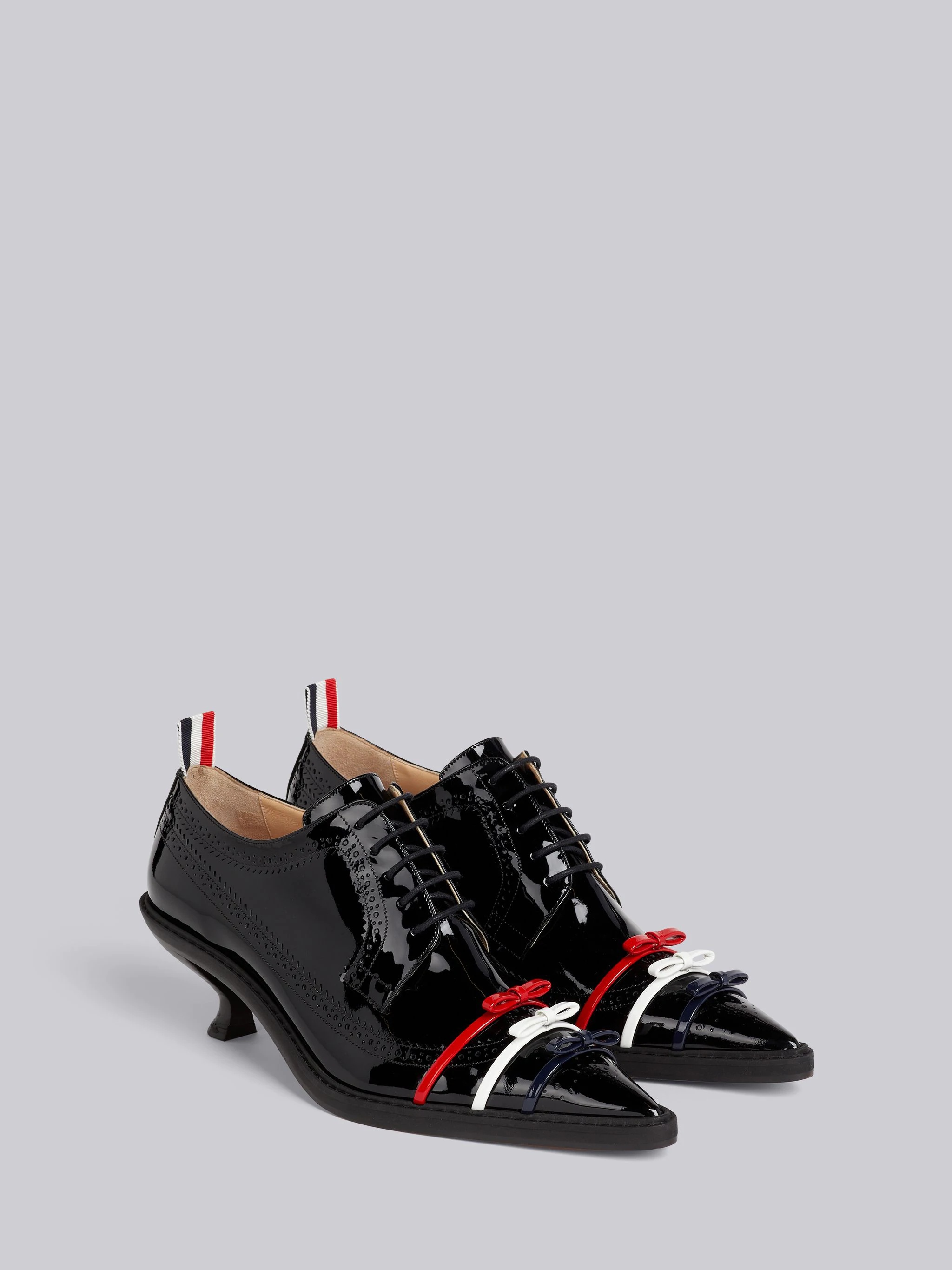 Black Soft Patent Leather Micro Sole 3-Bow 50mm Curved Heel Longwing Brogue - 3