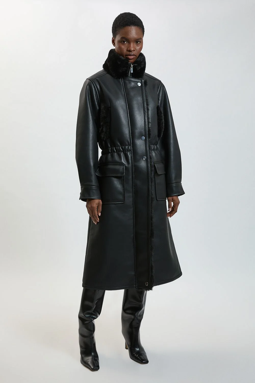 Padded Faux Leather & Faux Fur Midi Coat - 1