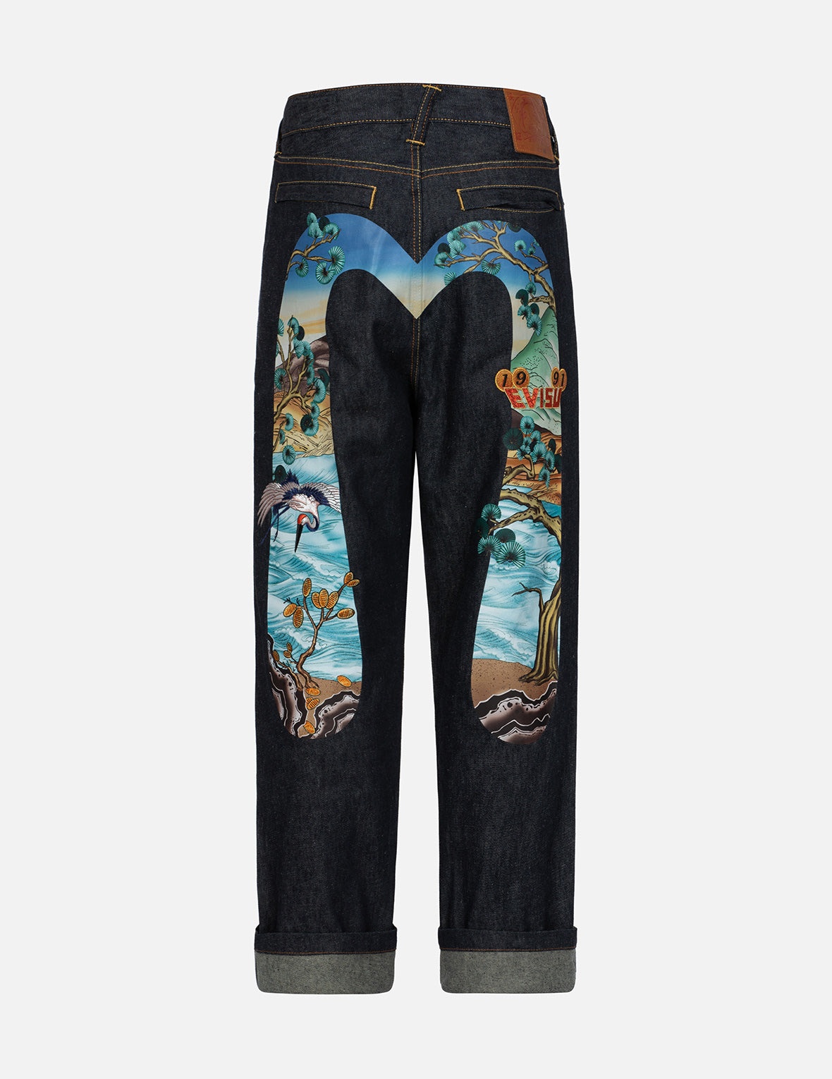 Pine-pattern Daicock Print with Crane and Logo Embroidery Wide Leg Jeans - 1