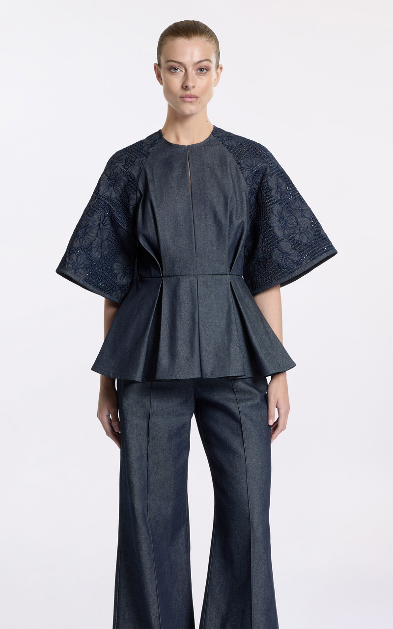 Embroidered Denim Peplum Top blue 3