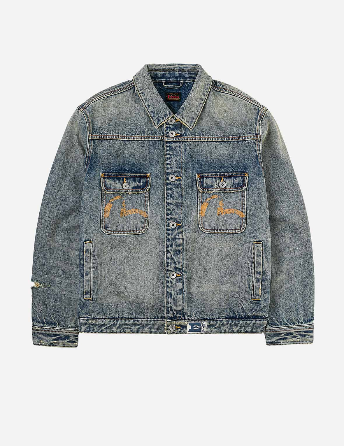 Distressed Seagull Print and Frayed Logo Patch Embroidery Relax Fit Denim Jacket - 3