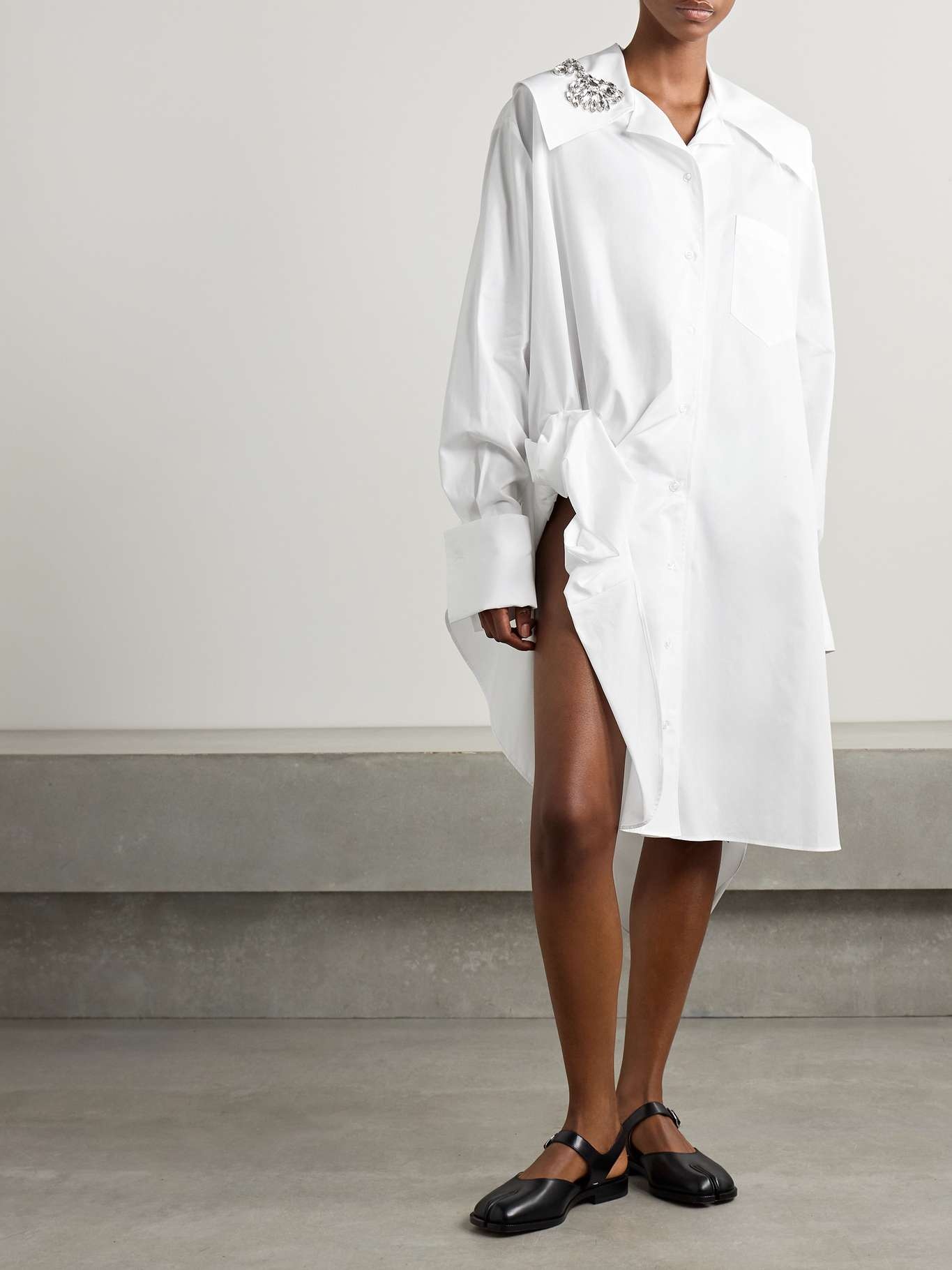 Embellished gathered cotton shirt dress White - 3