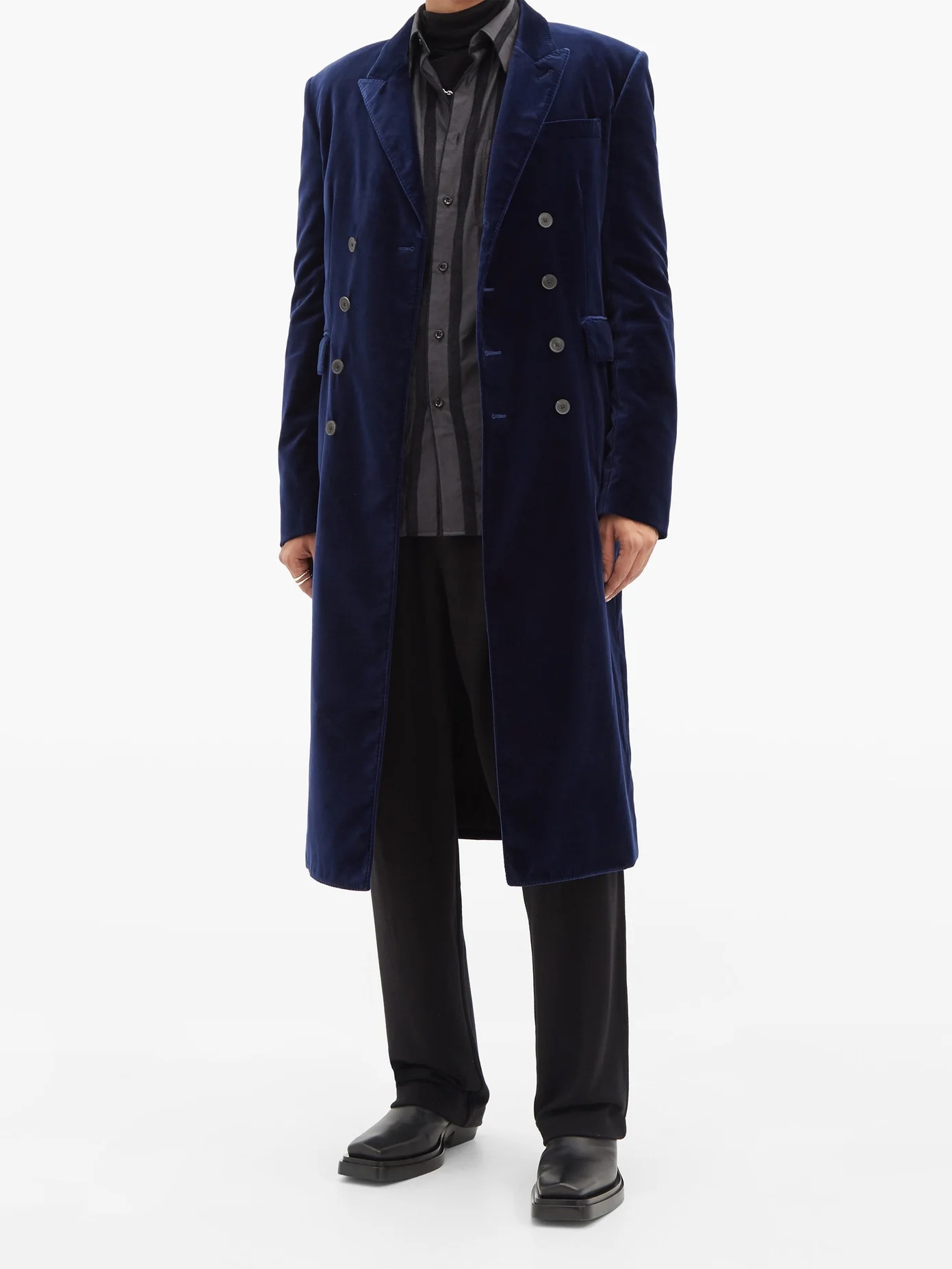 Double-breasted longline cotton-blend velvet coat - 2