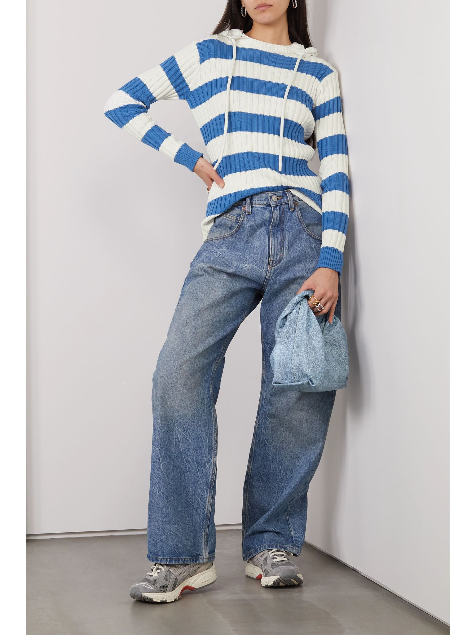 Shell-trimmed striped ribbed cotton hoodie Blue - 2