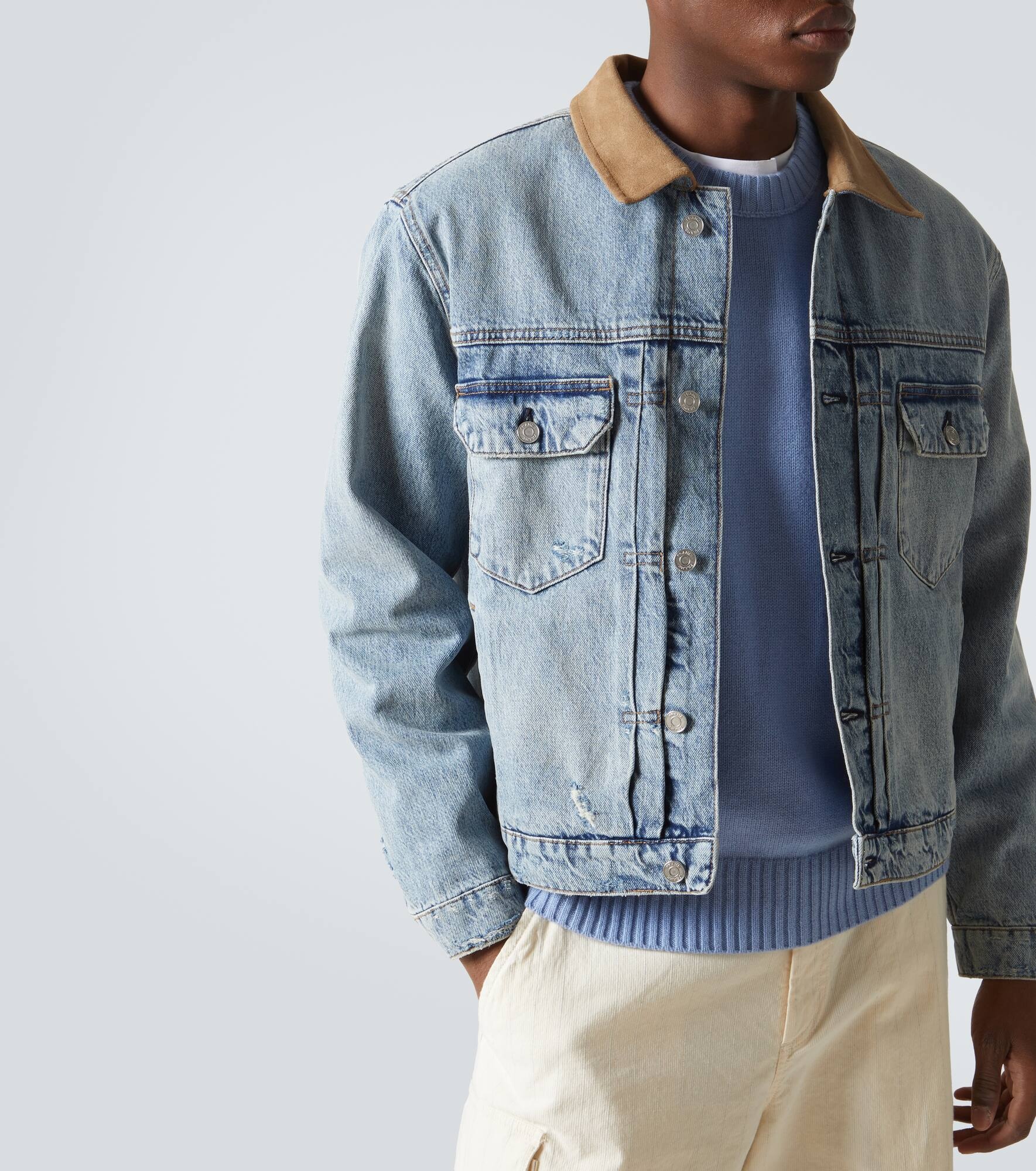 Distressed suede-trimmed denim jacket - 5