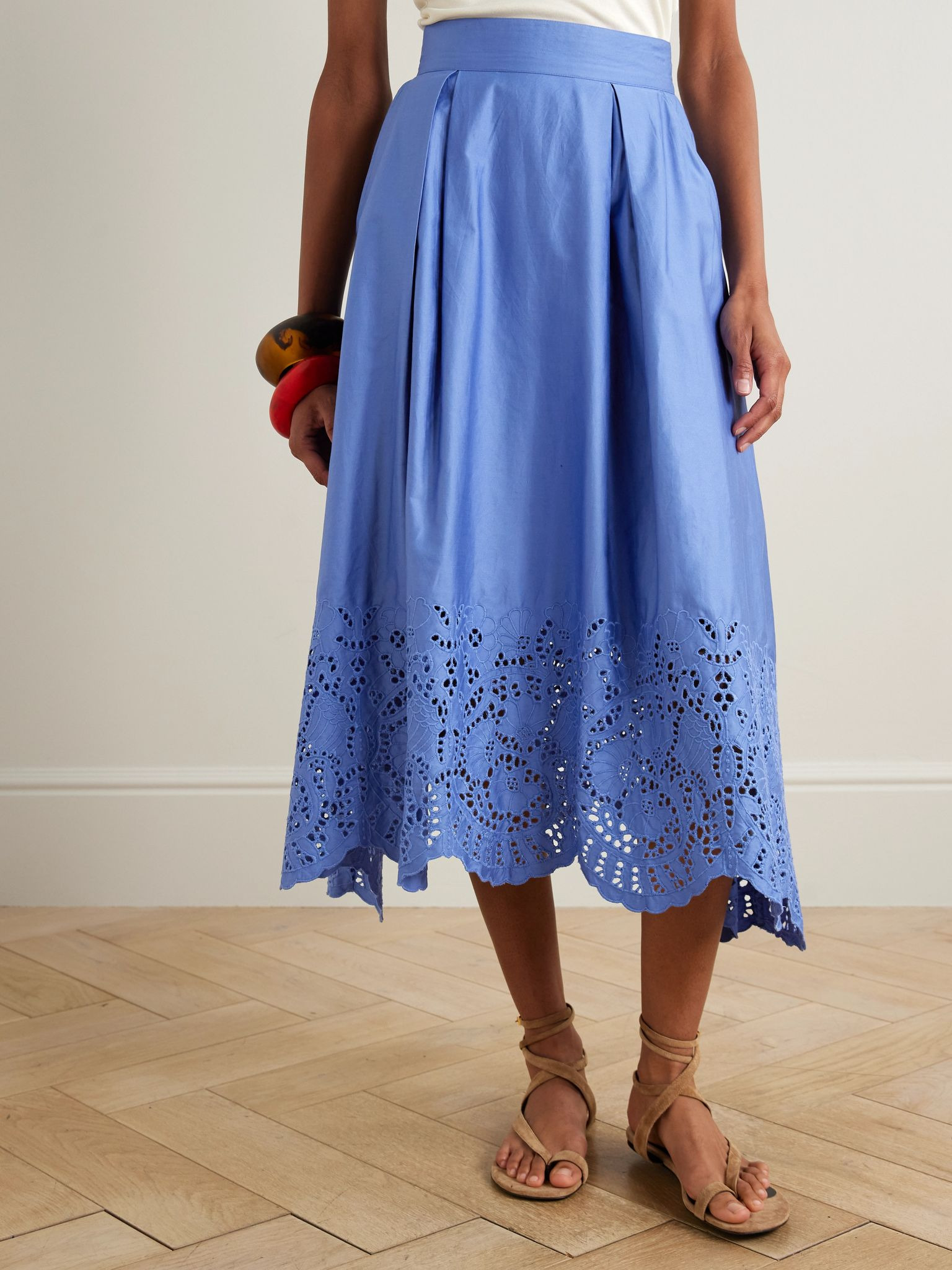 Wynona pleated broderie anglaise cotton-poplin midi skirt Blue - 3