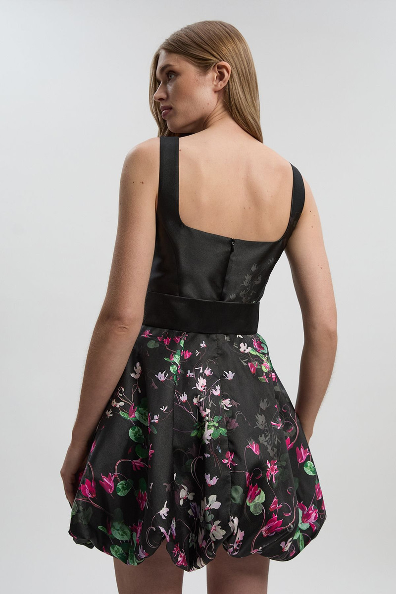 Scattered Floral Twill Mini Puff Ball Woven Dress 5
