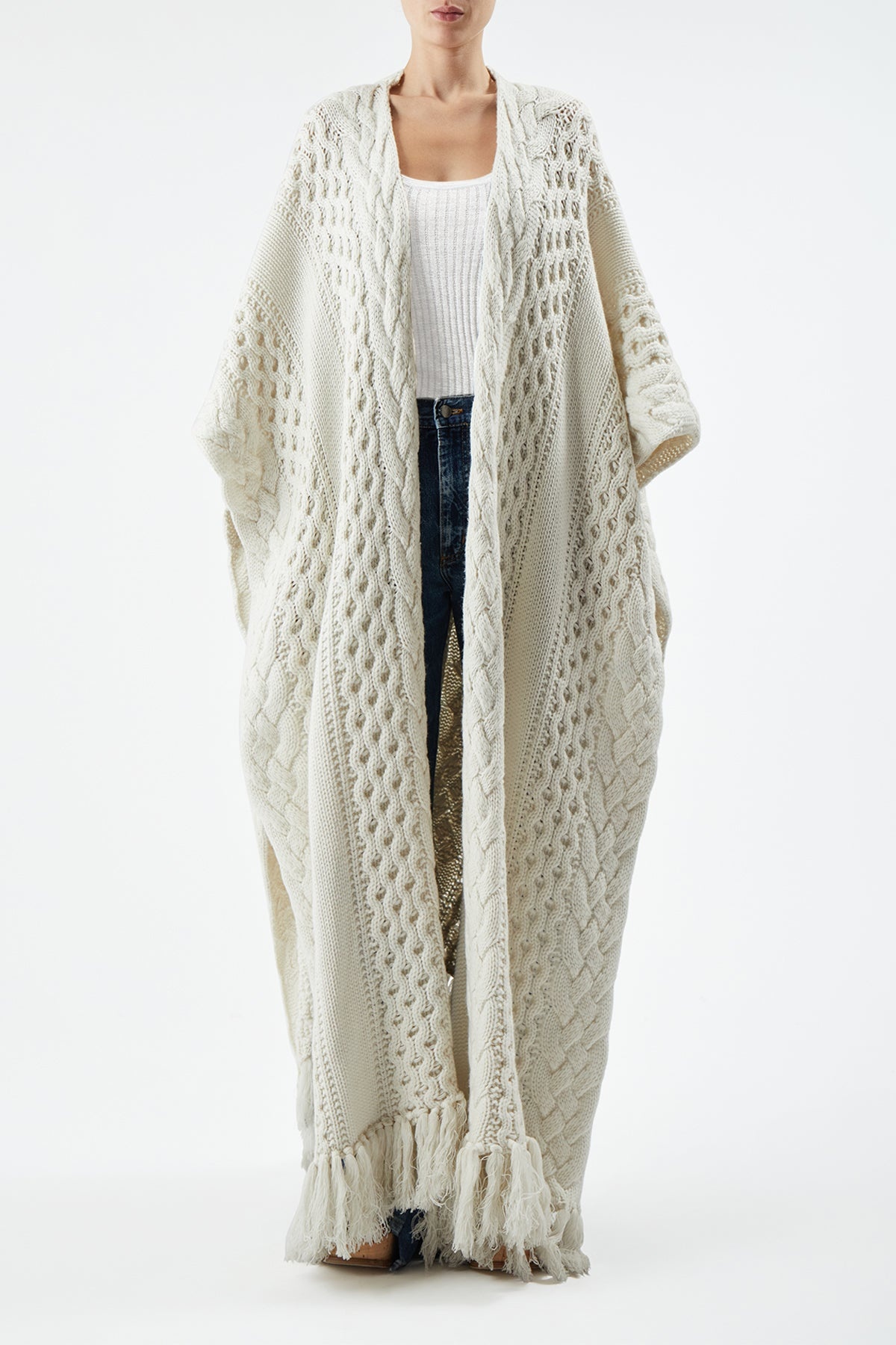 Alma Knit Poncho in Ivory Cashmere - 3