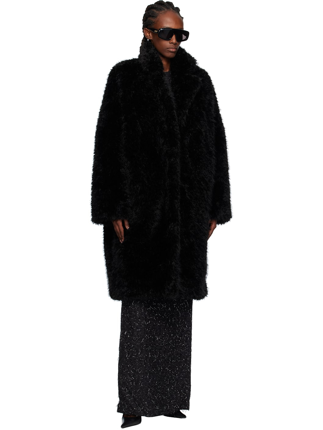 Black Notched Lapel Faux-Fur Coat - 4