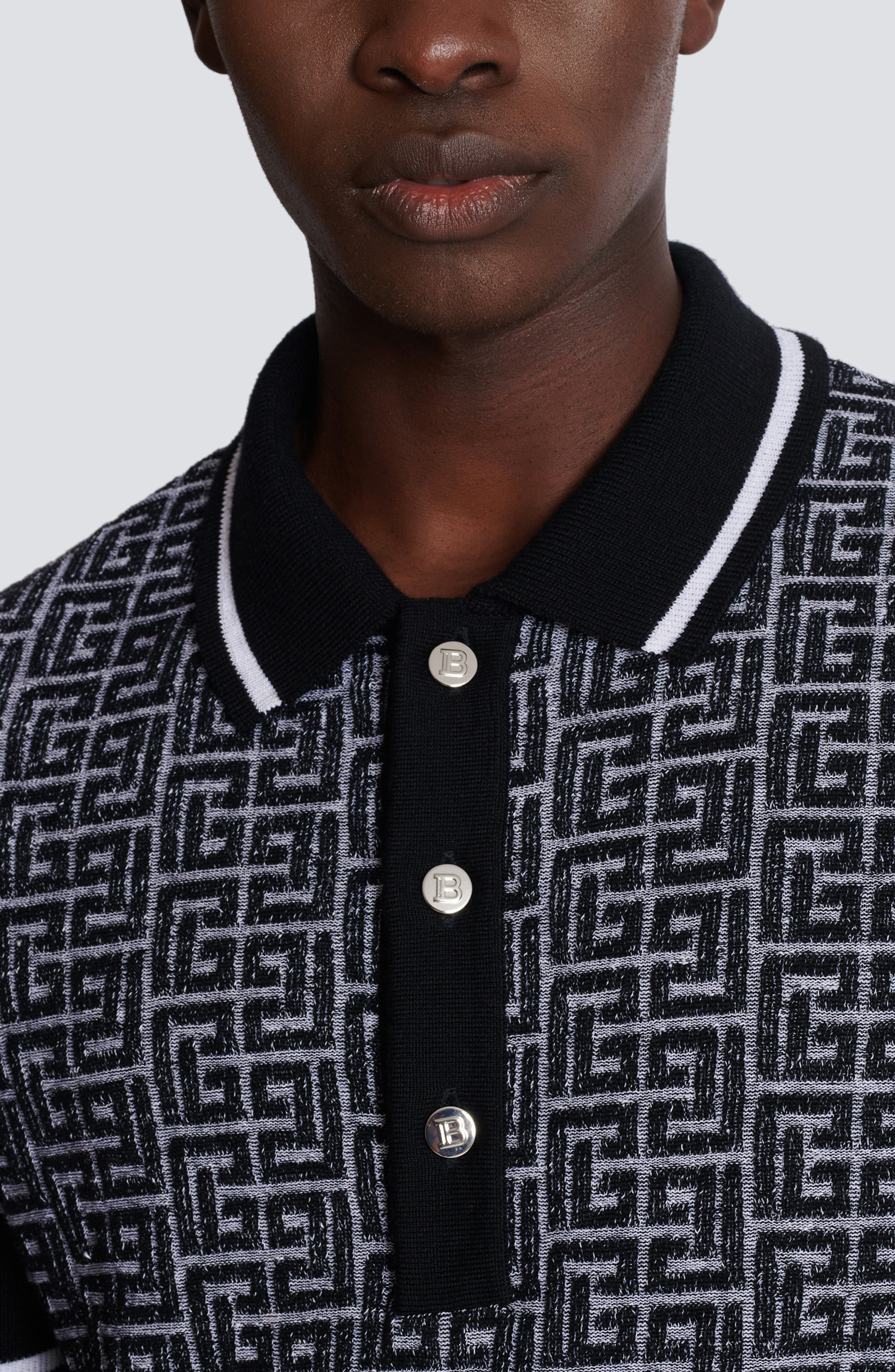 Balmain Monogram Jacquard Merino Wool Polo Sweater in Gab White/Black at Nordstrom - 3