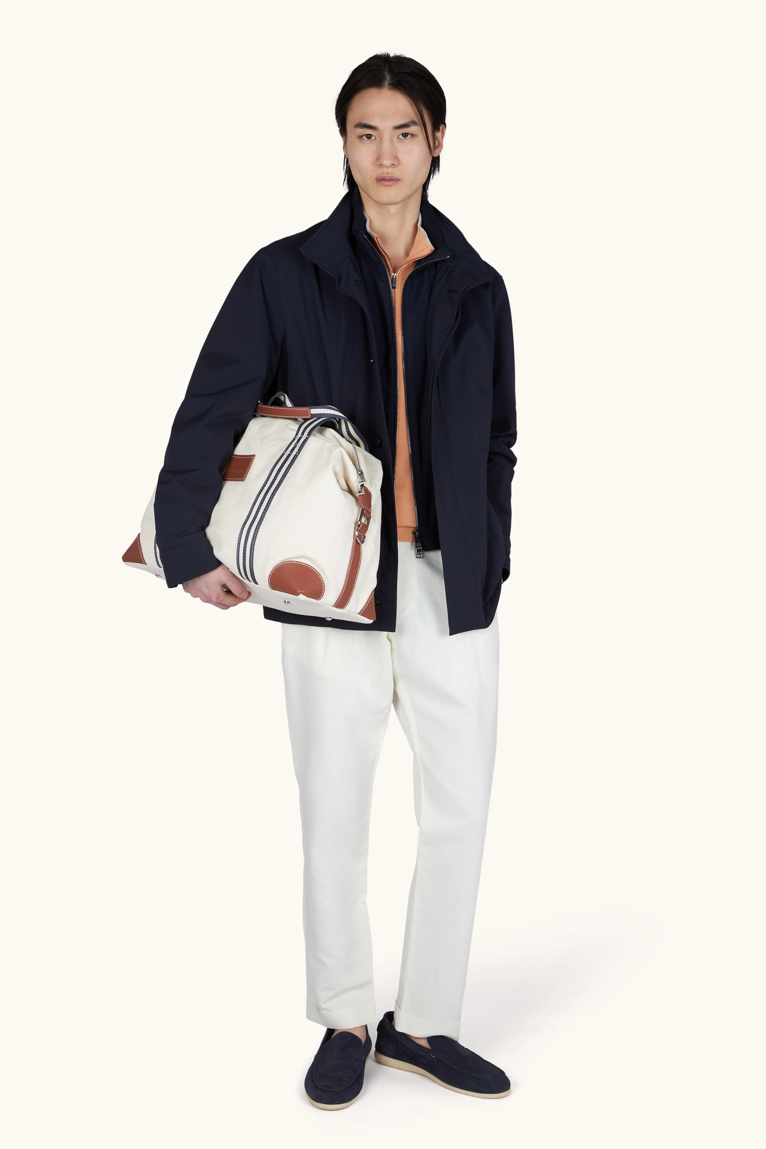HALF‑ZIP SWEATER IN COTTON AND SILK WITH AQUALEATHER SUEDE DETAILS - 1
