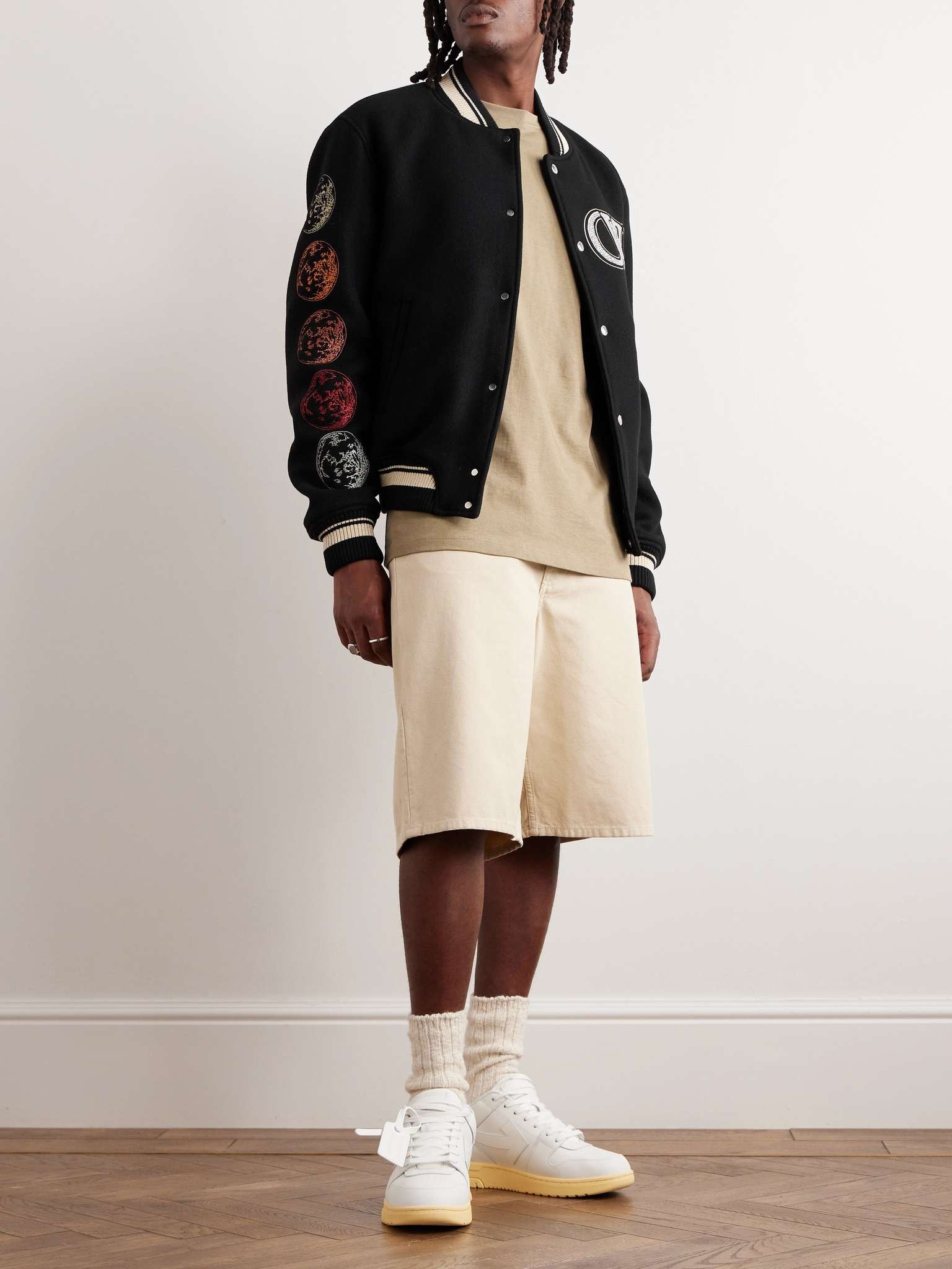 Off-white patch embellished varsity bomber jacket