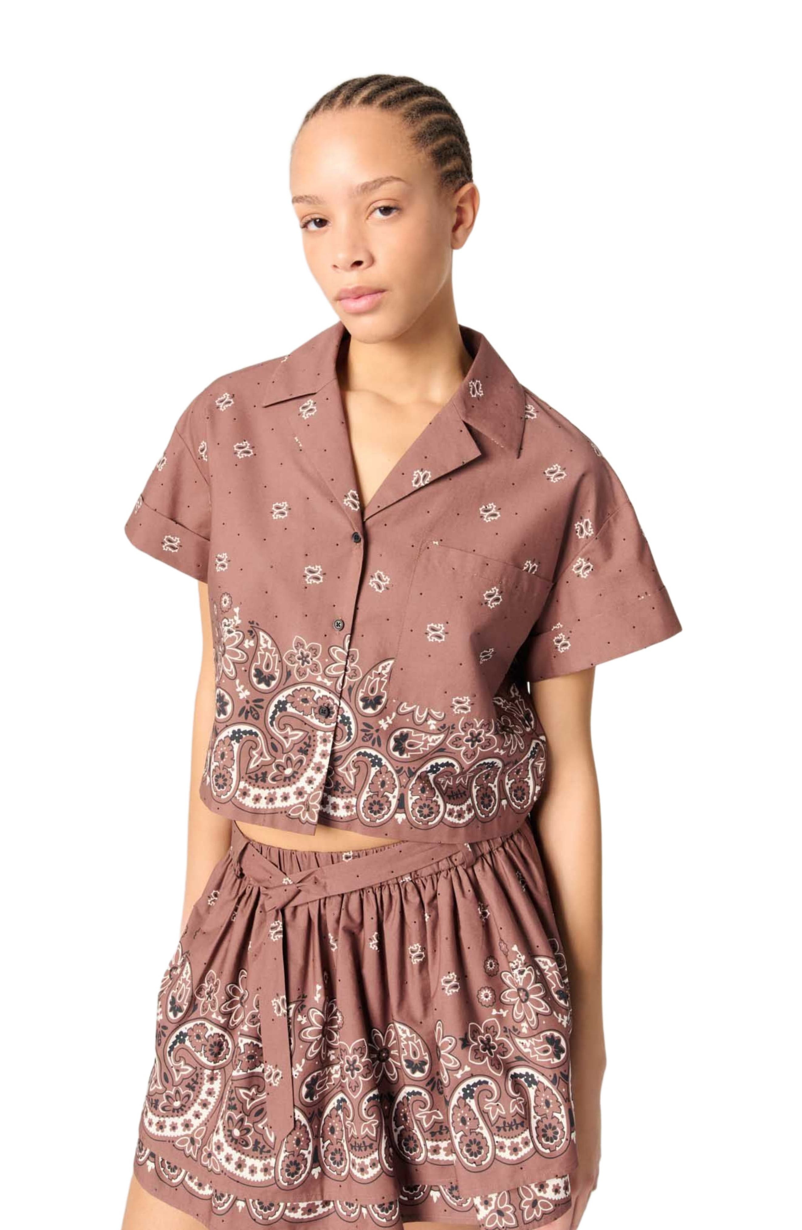 maje Patterned rhinestone cropped shirt in Brown Bandana Print at Nordstrom - 1