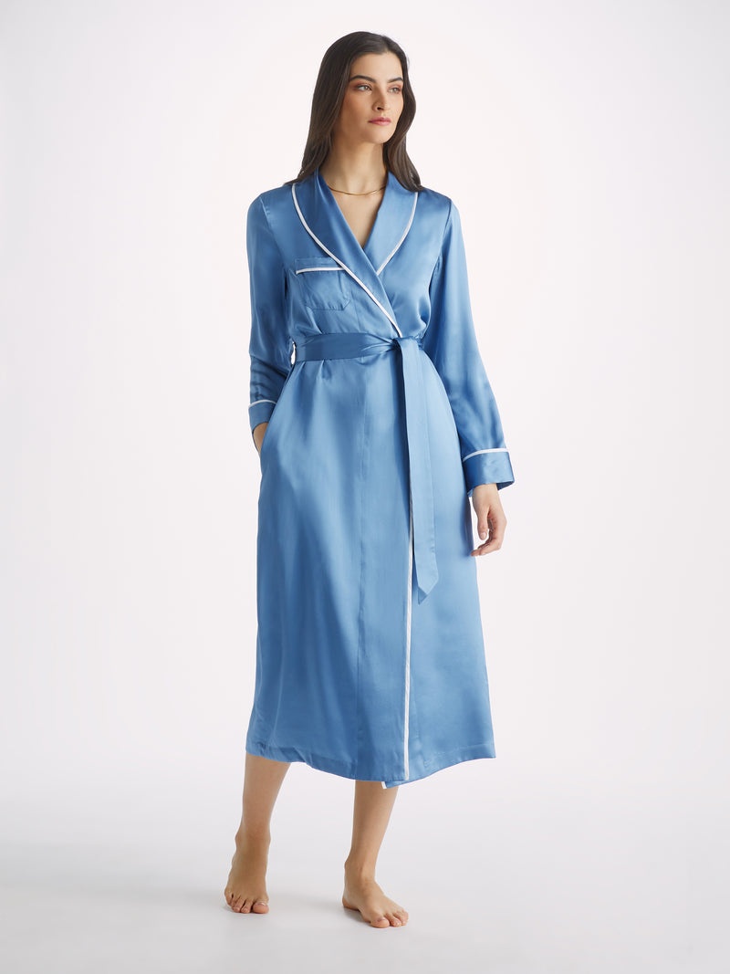 Women's Long Dressing Gown Bailey Silk Satin Soft Denim - 3
