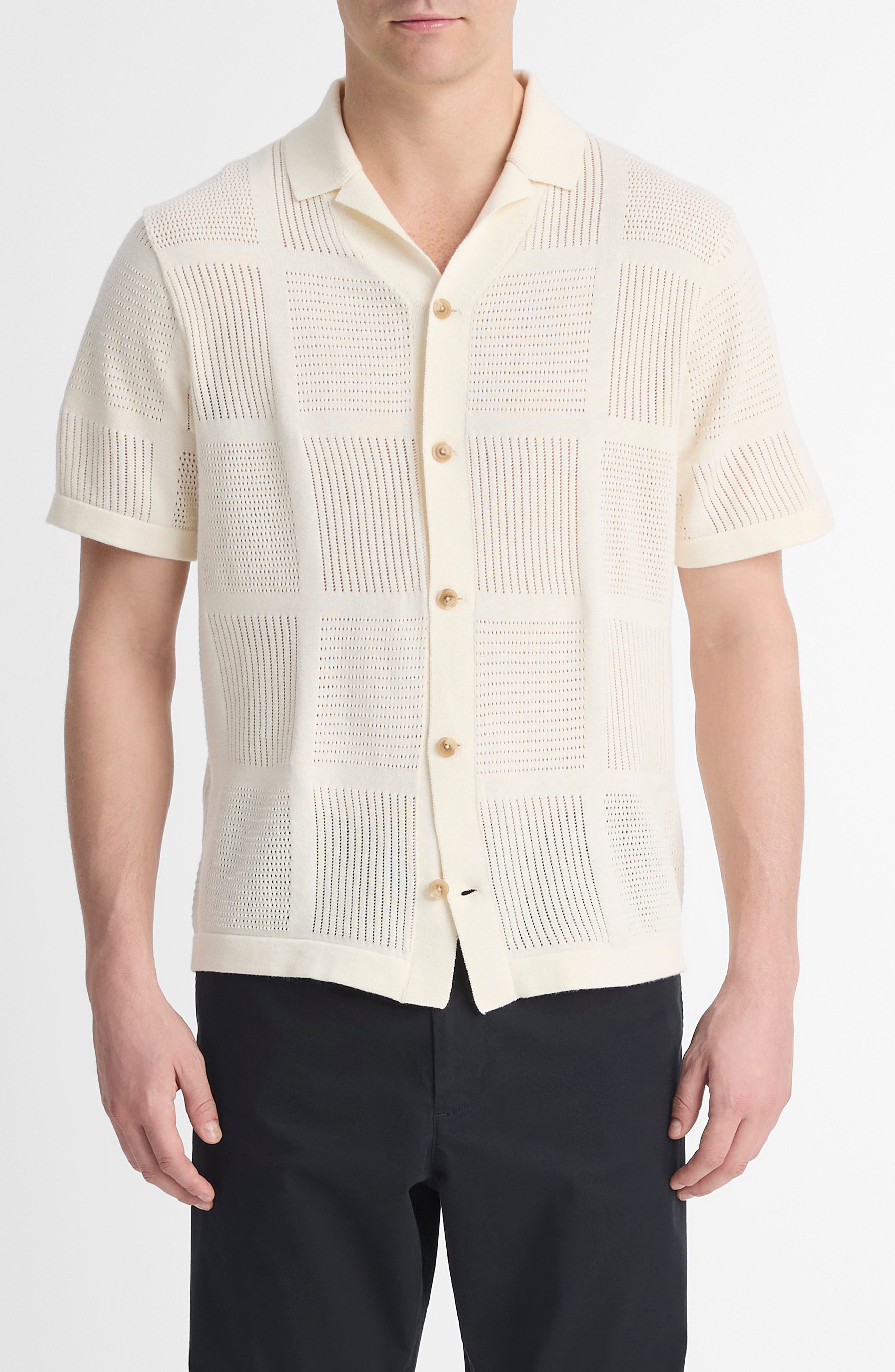 Vince Patchwork Pointelle Short Sleeve Cardigan in Classic Cream at Nordstrom - 1