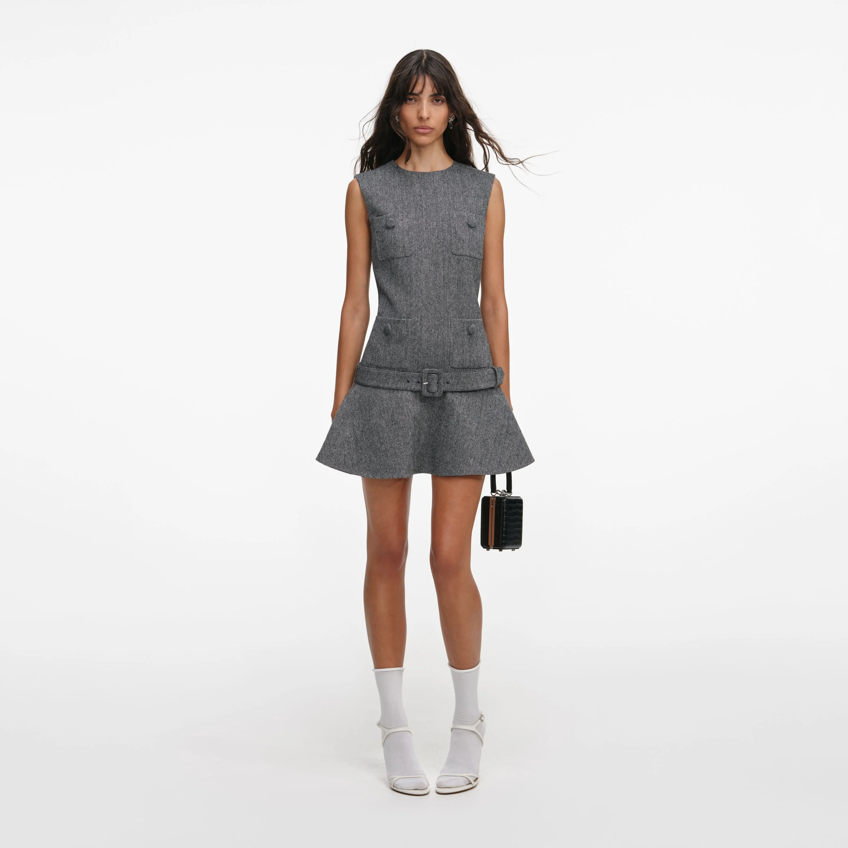Grey Herringbone Flared Mini Dress - 1