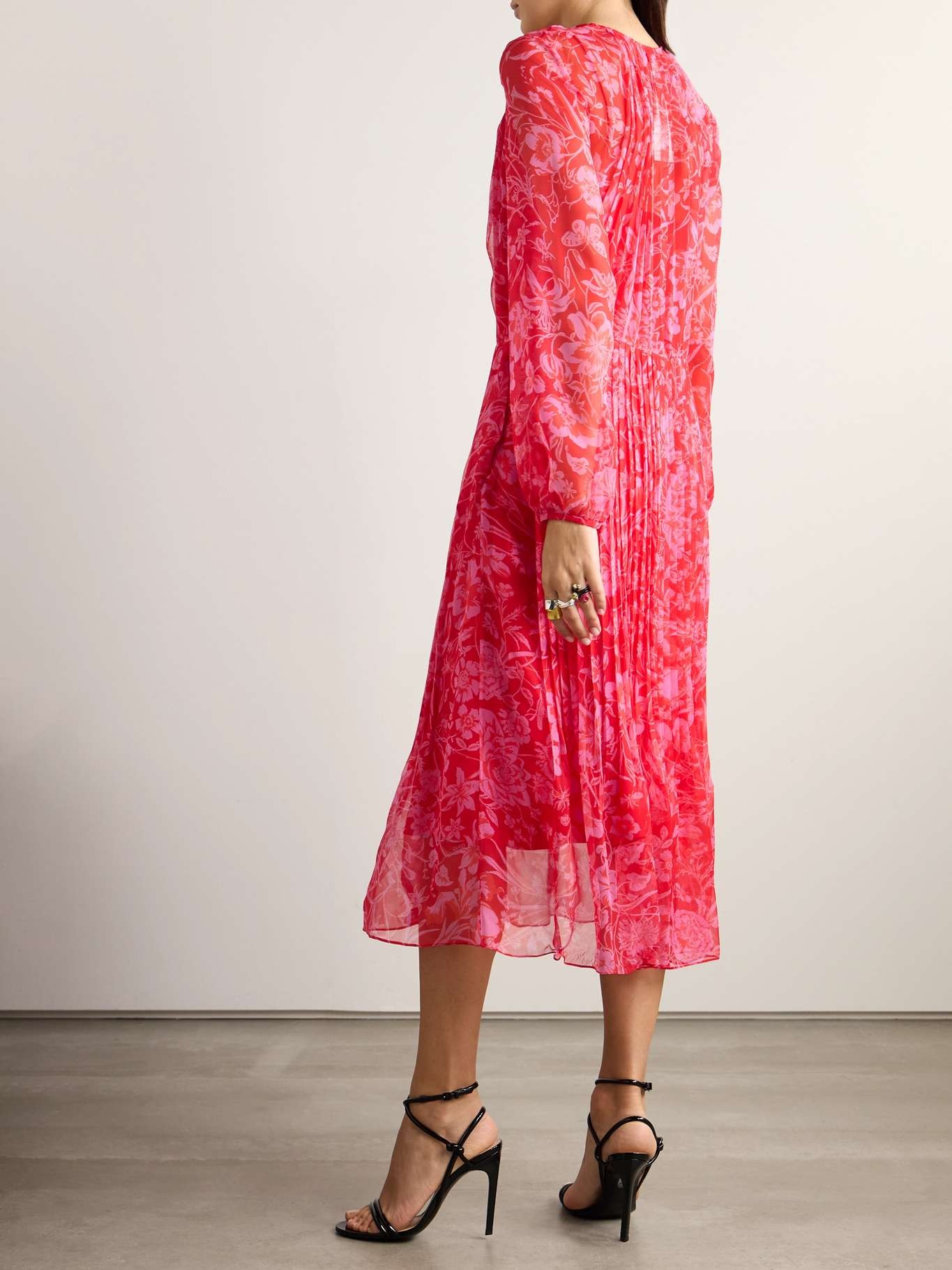 Tie-detailed pleated floral-print silk-chiffon midi dress - 3