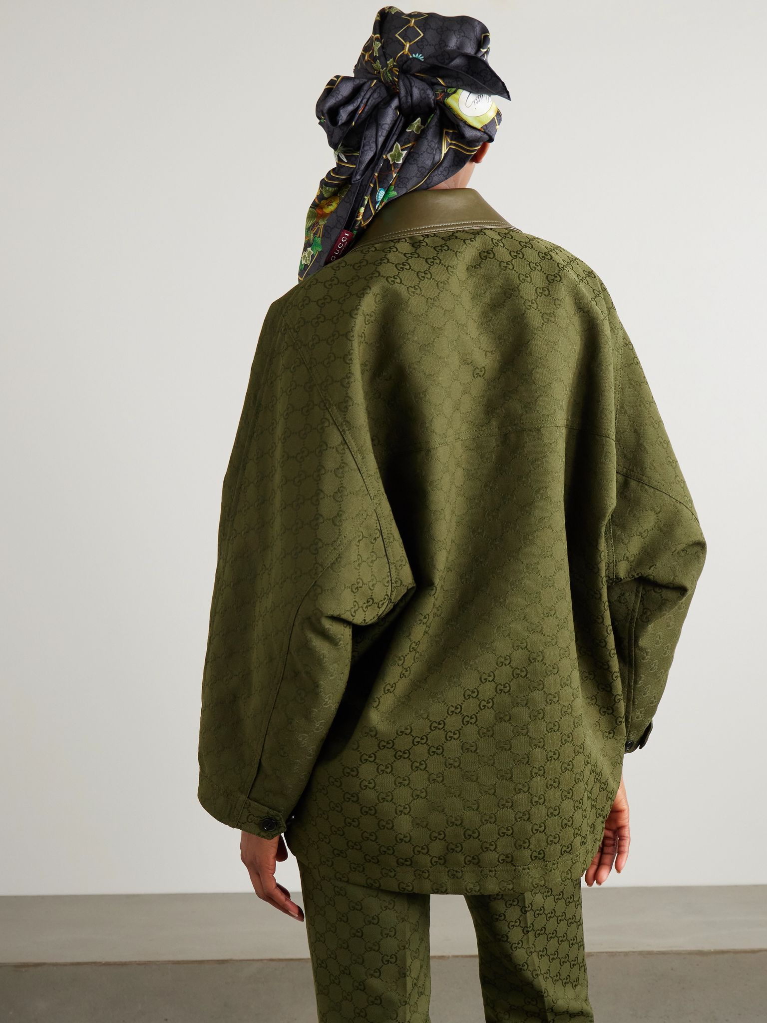 Leather-trimmed cotton-blend canvas-jacquard jacket Army green - 4