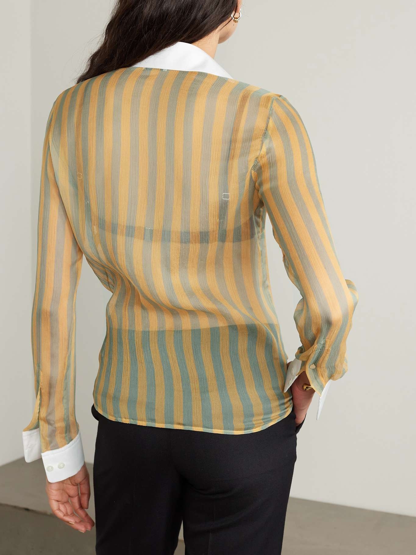 Poplin-trimmed striped crinkled silk-chiffon shirt - 4