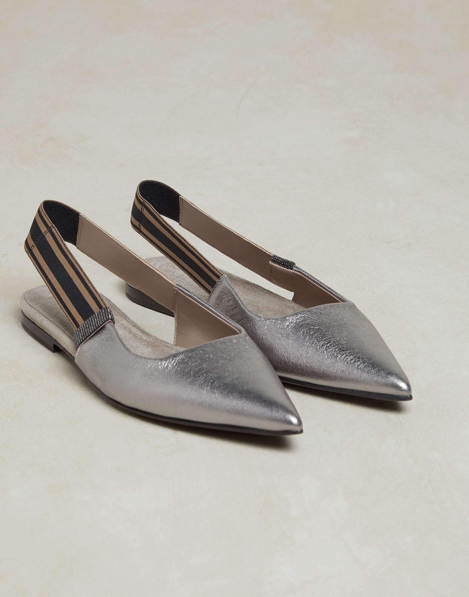 Lamé leather flats with striped strap and monili - 2