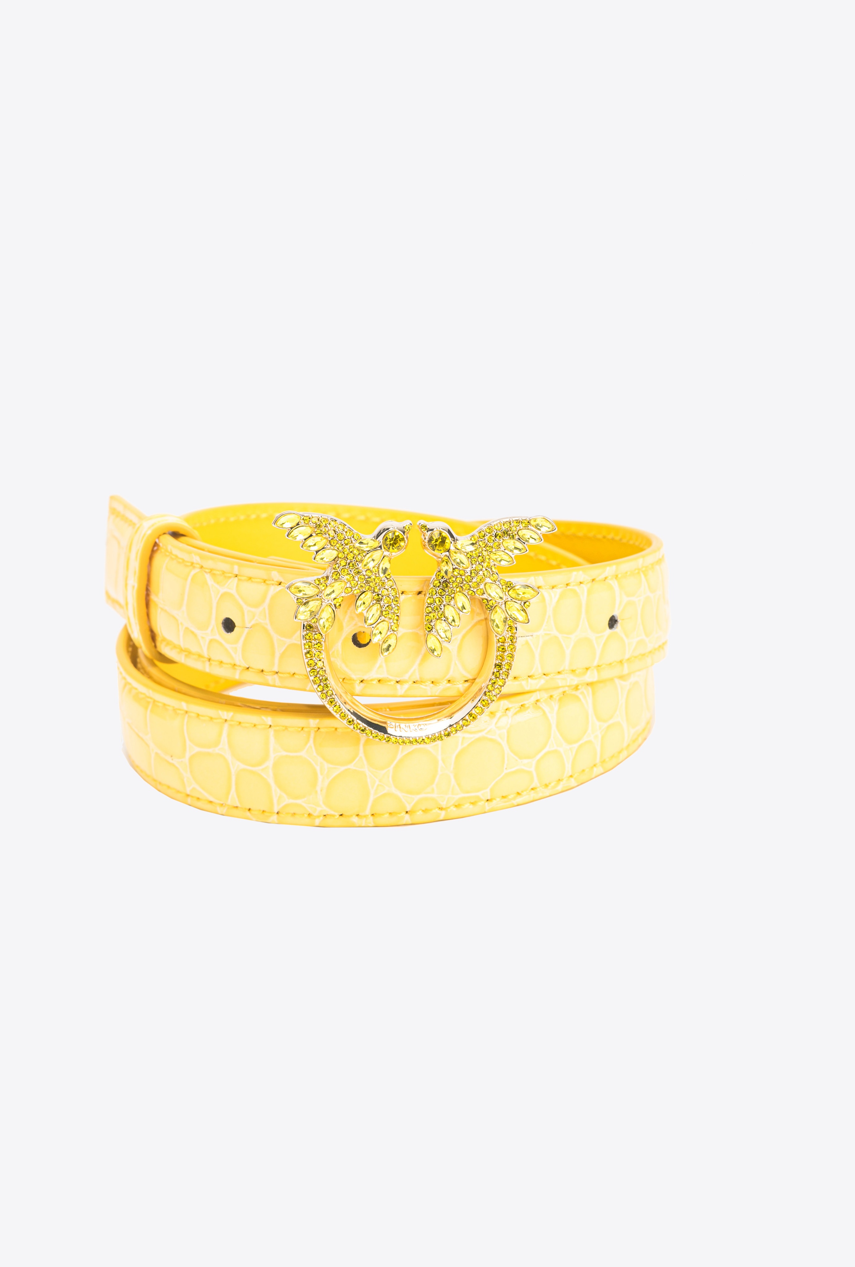 PINKO GALLERIA THIN 2CM SHINY COLOURED CROC-PRINT BELT WITH LOVE BIRDS BUCKLE - 5