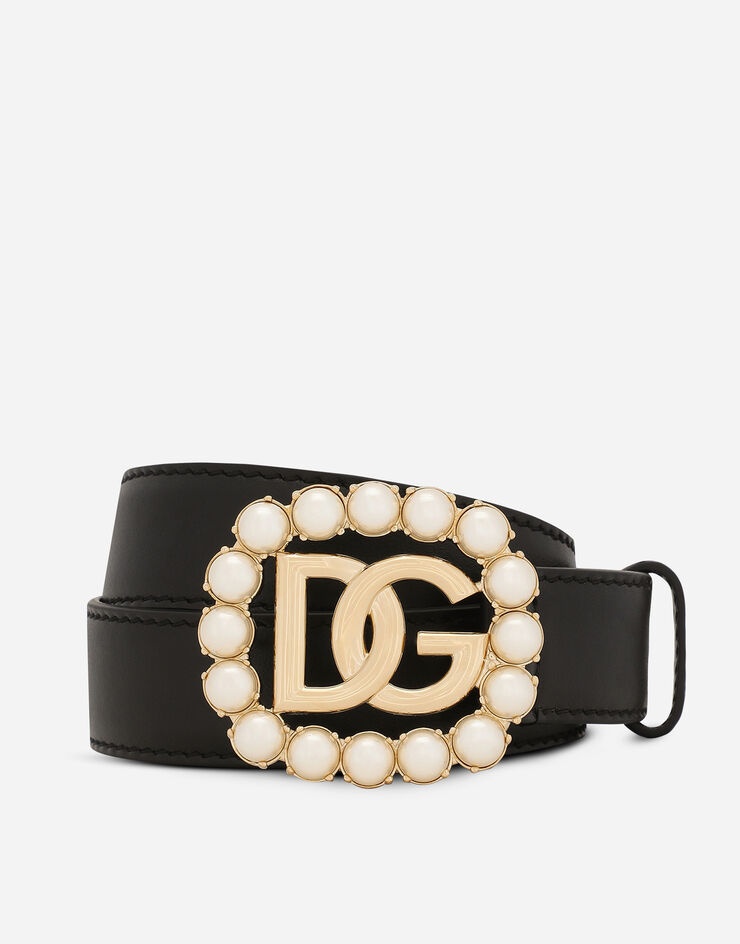 Calfskin belt with DG logo with pearls - 1