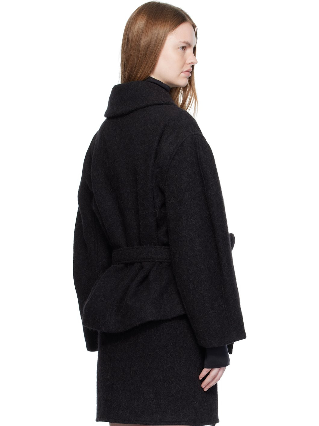 Black Short Asymmetrical Bathrobe Coat - 3