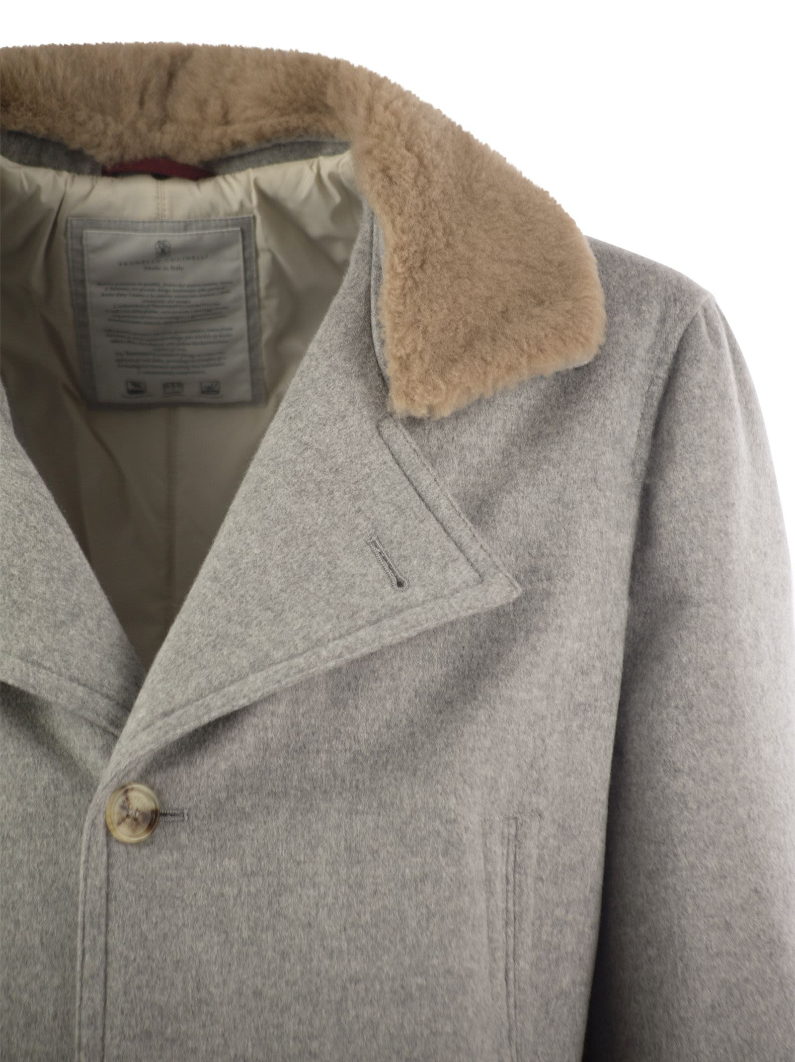 Brunello Cucinelli Men Cashmere Coat With Shearling Collar - 4