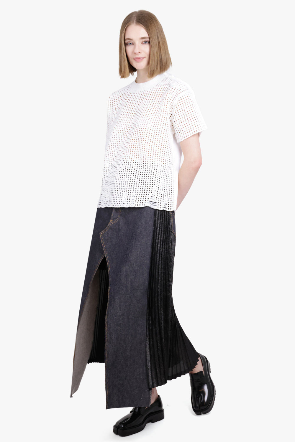 MESH OVERLAY S/S DISTRESSED KNIT T-SHIRT TOP | WHITE - 3