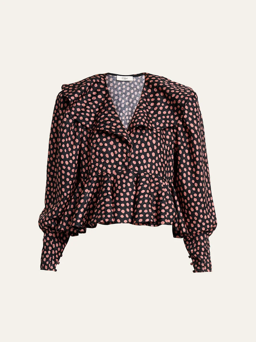 Dots-Print Silk Jacquard Peplum Blouse - 1