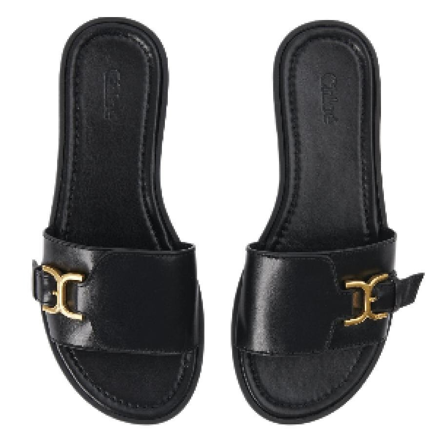 Chloe Gold-Toned Marcie Buckle Leather Slides - 3