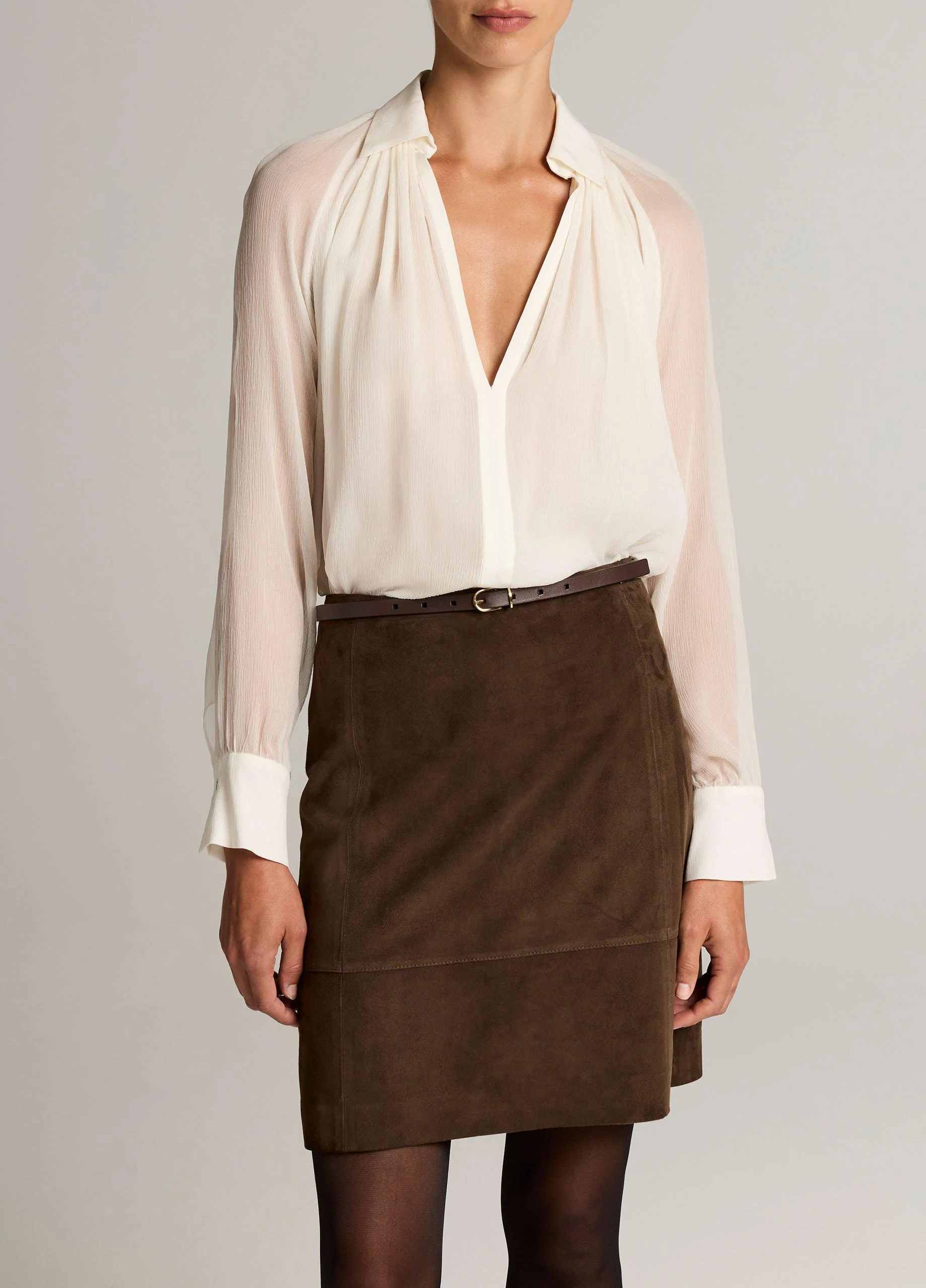 Gathered Sheer Chiffon Collared Blouse - 1
